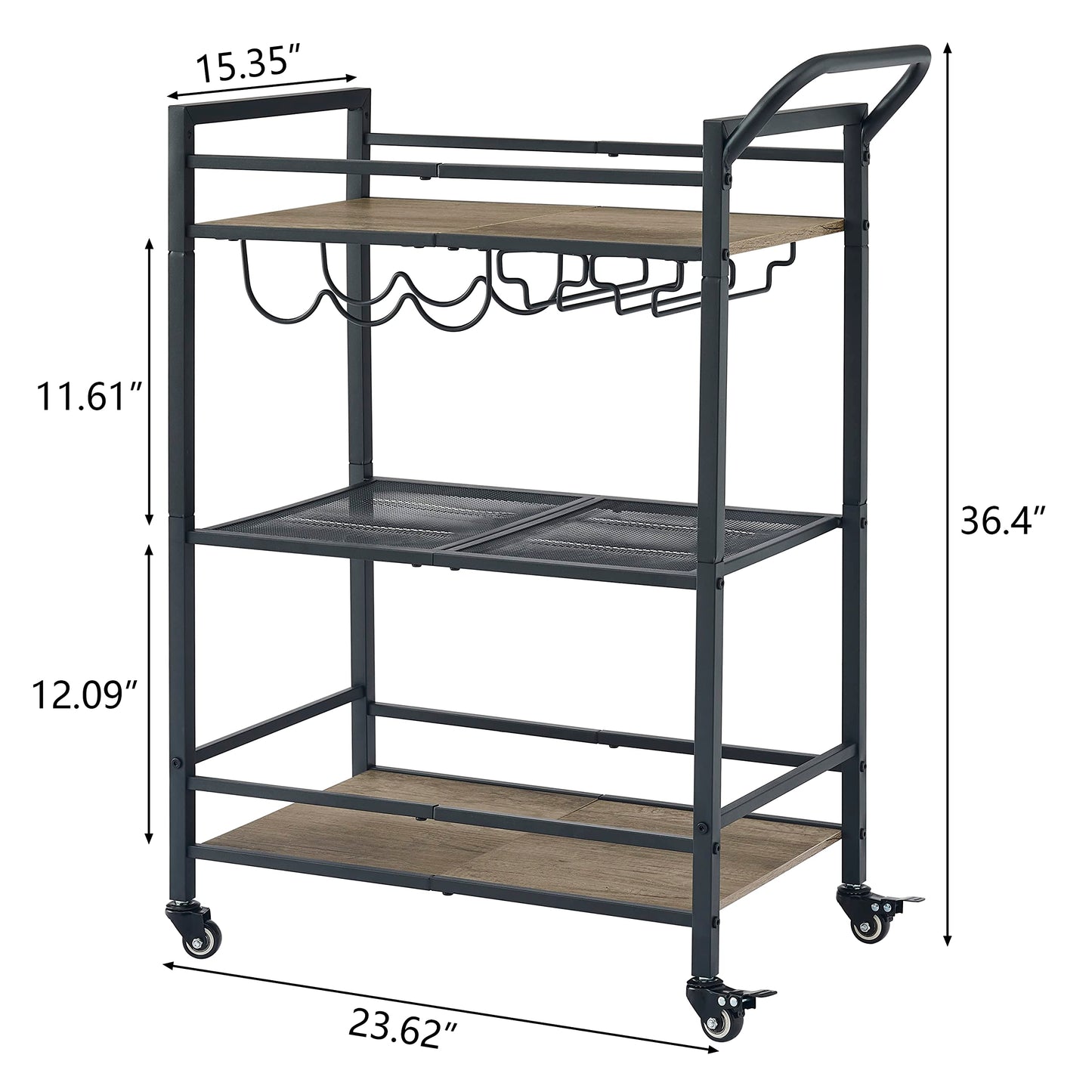 Tajsoon 3-Tier Bar Cart, Mobile Bar Serving Cart, Industrial Style Wine Cart for Kitchen, Beverage Cart with Wine Rack and Glass Holder, Rolling Drink Trolley for Living Room, Grey & Black