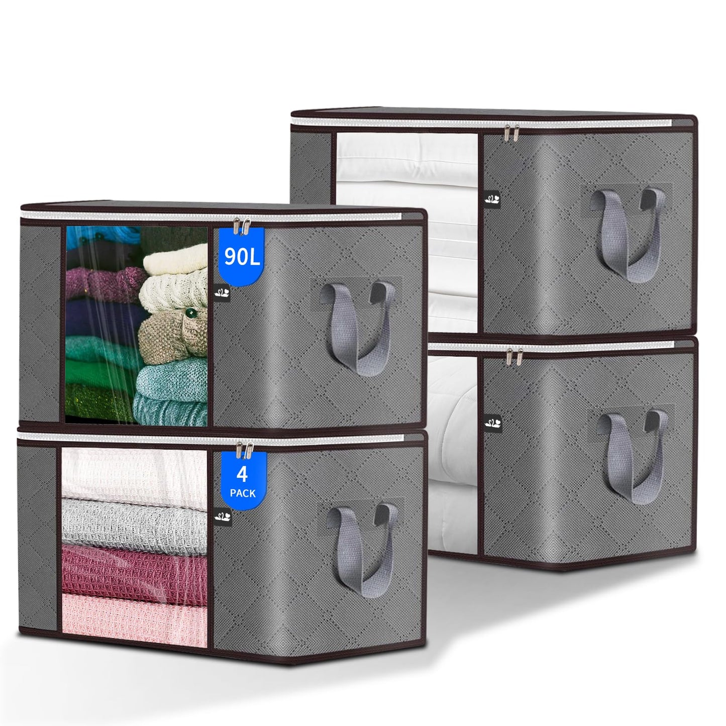 90L Large Storage Bag, 4 Pack Foldable Blanket Storage Bins, Clothing Storage Bins, Foldable Clothes Organizer and Storage Containers with Lids and Handle for Organizing Bedroom, Closet, Clothing