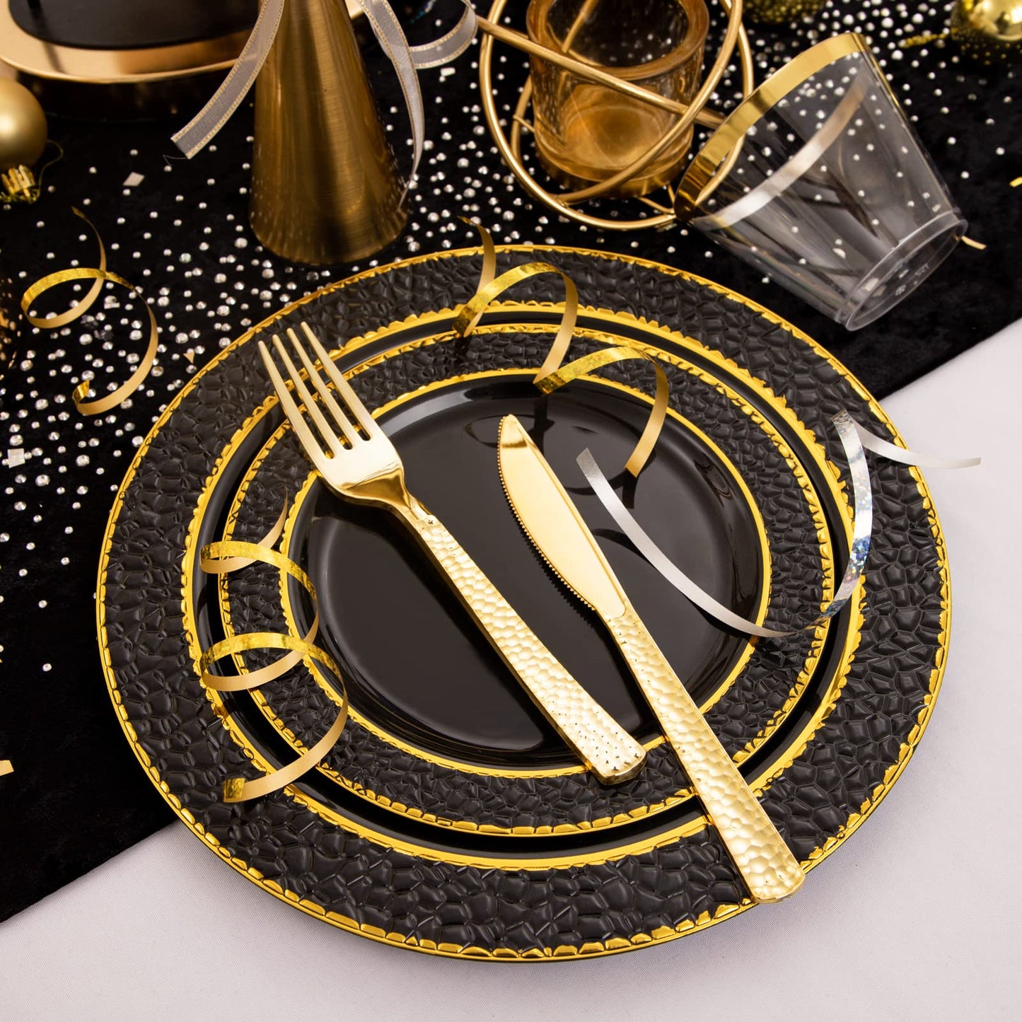 FLOWERCAT 175PCS Black Plastic Plates with Gold Rim & Black and Gold Plastic Plates & Gold Plastic Silverware & Black Disposable Plates for Wedding,Halloween Party, New Year