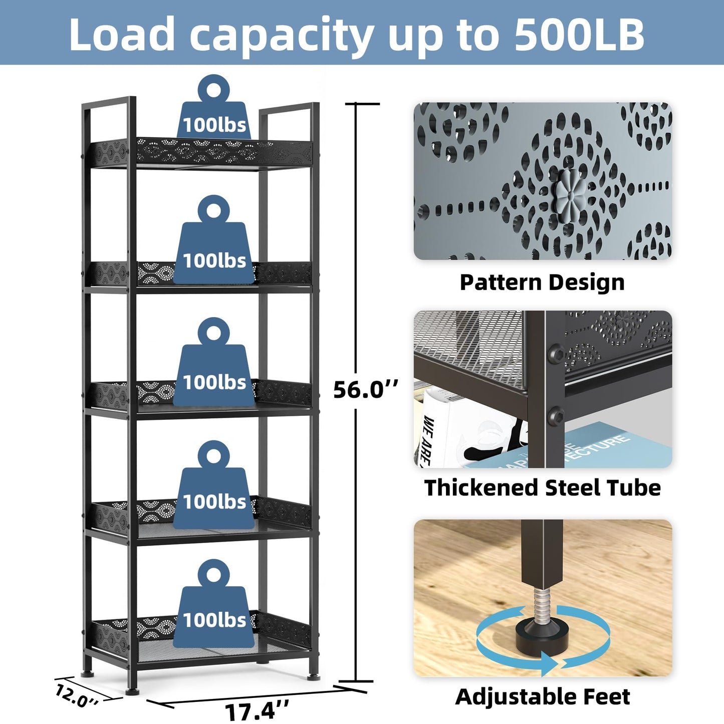 vimiroo Heavy Duty 5 Tier Bookshelves,Metal Storage Rack for CD, Books,Microwave Load-Bearing 500 lbs Rust Resistance Tall Bookcase for Bedroom,Living Room,Office,Kitchen (Black)