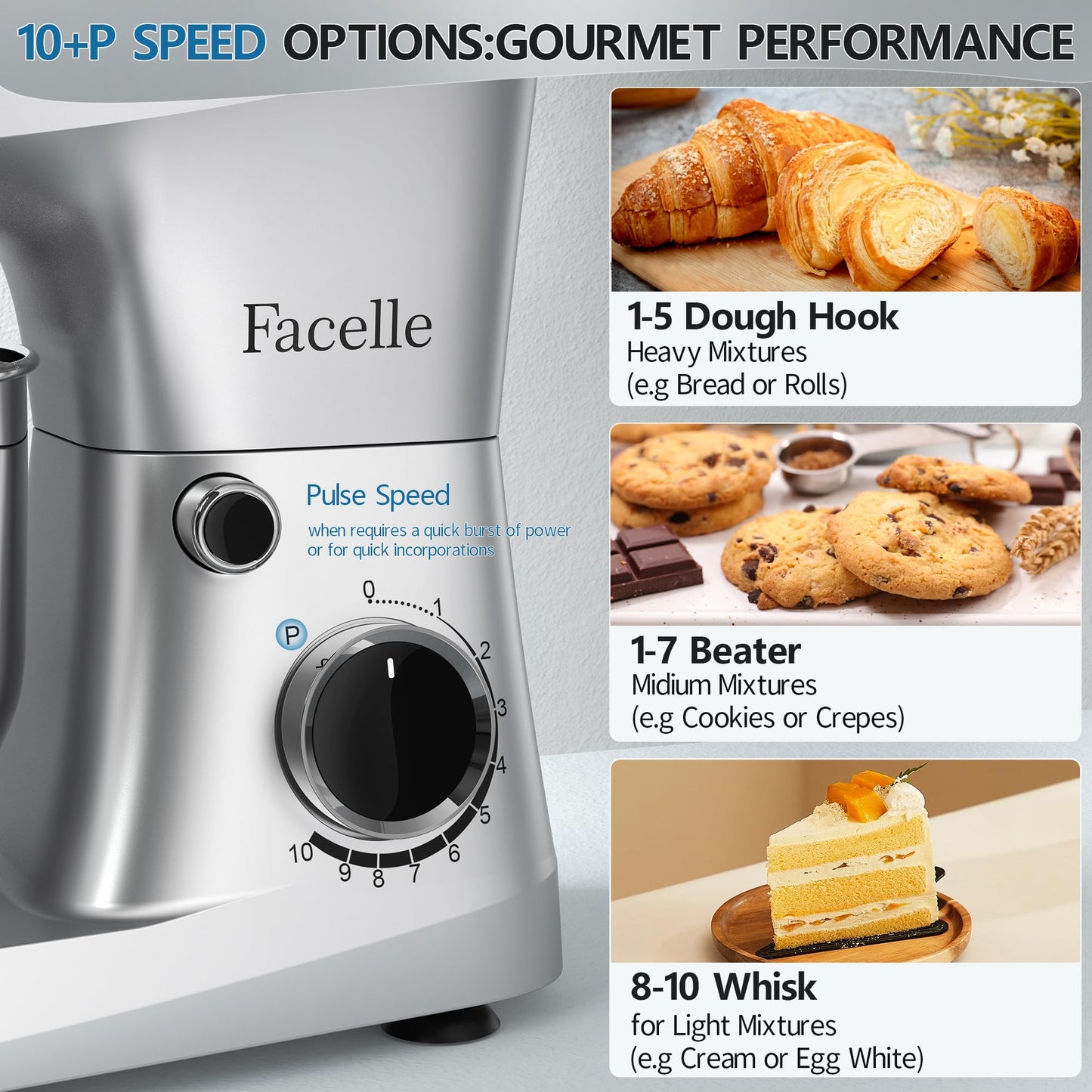 10-Speed 6QT Facelle Stand Mixer with Attachments
