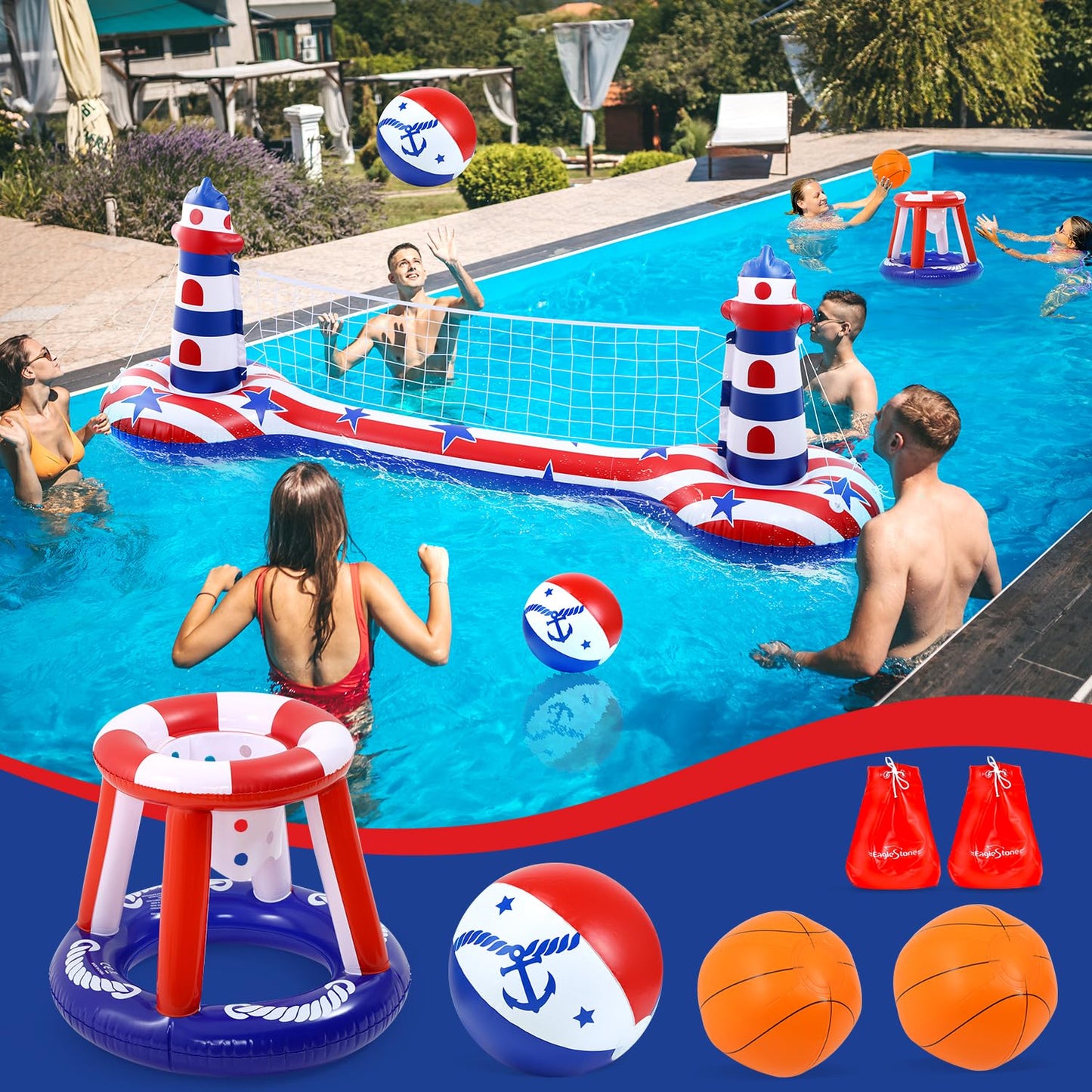 Inflatable Pool Float Set with Volleyball & Basketball