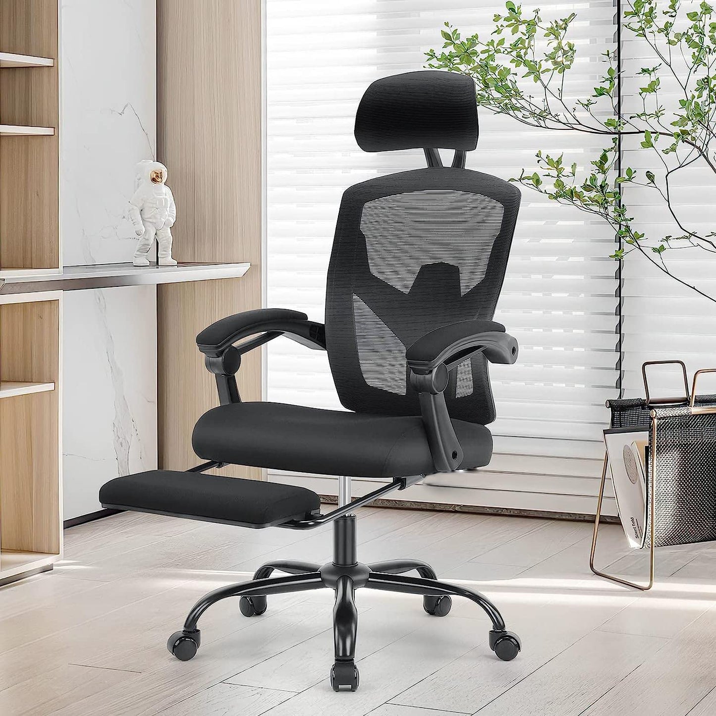 AFO Ergonomic Office Chair, High Back Office Chair with Lumbar Pillow & Retractable Footrest, Mesh Office Chair with Padded Armrests and Adjustable Headrest, Height Adjustable, Dark Black (WY-9053-BK)