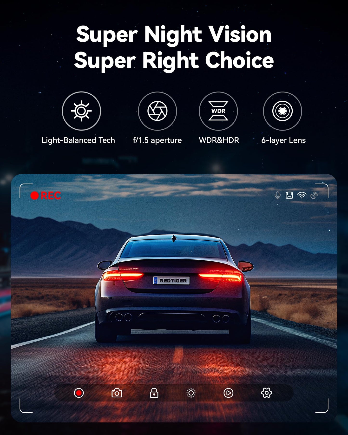 4K Dash Cam Front Rear with Wi-Fi & GPS