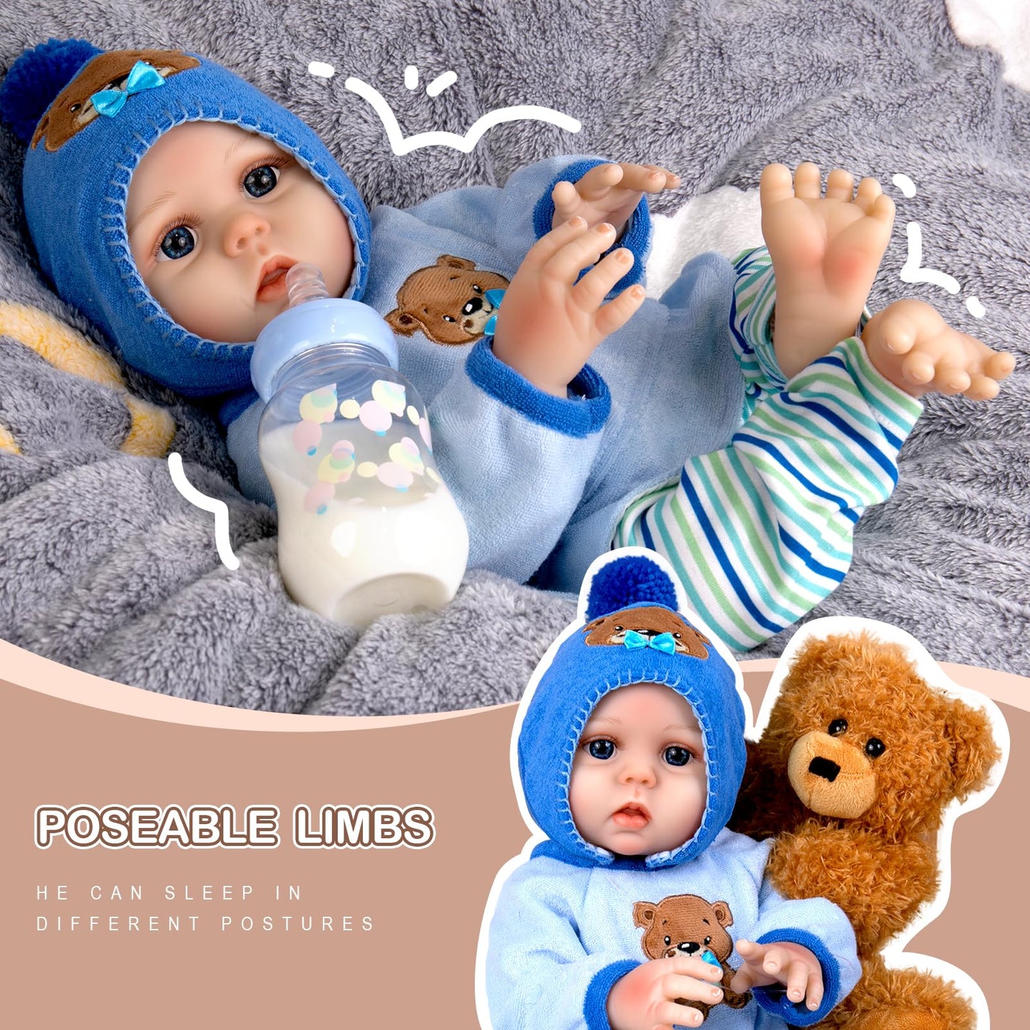 Aori Lifelike Reborn Baby Dolls Full Body Vinly Realistic Newborn Boy Dolls 18 inch Poseable Real Life Boy Doll for Kids