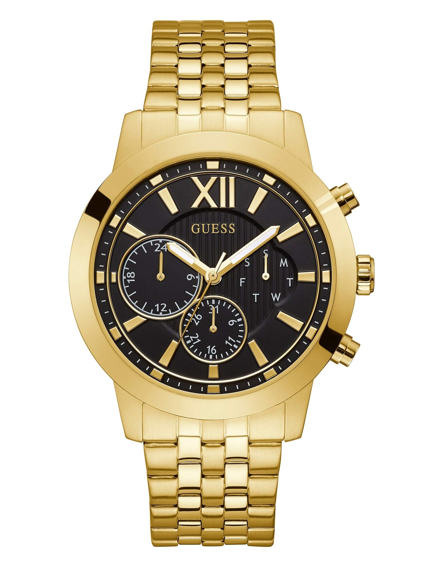 GUESS Gold-Tone + Black Multifunction Steel Bracelet Watch