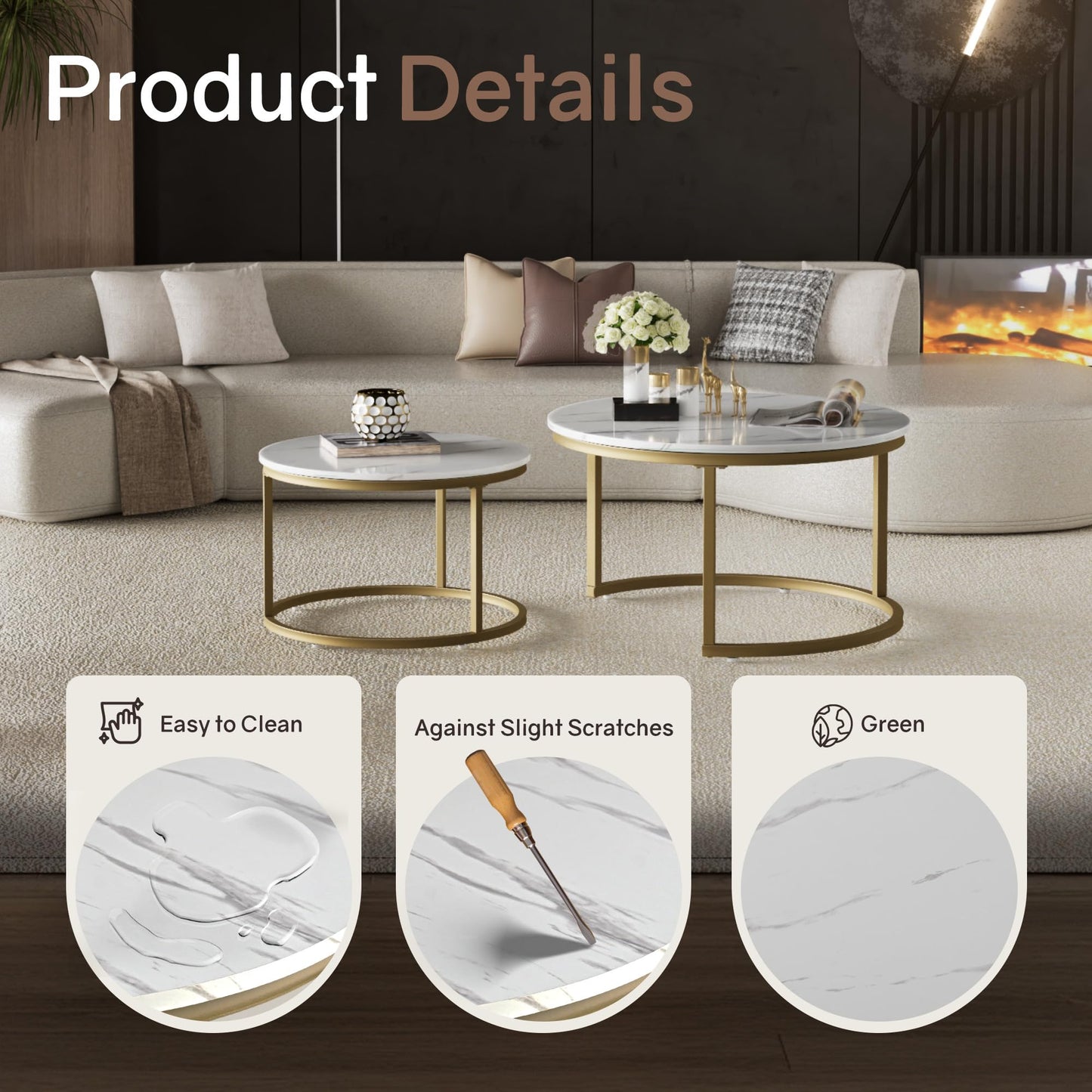 Otterease Nesting Tables Set of 2, 31.5" Round Coffee Table, Small Nesting Coffee Table with Adjustable Non-Slip Fee, White Marble Top Stack Nesting Tables Set of 2 for Living Room, Bedroom (White)