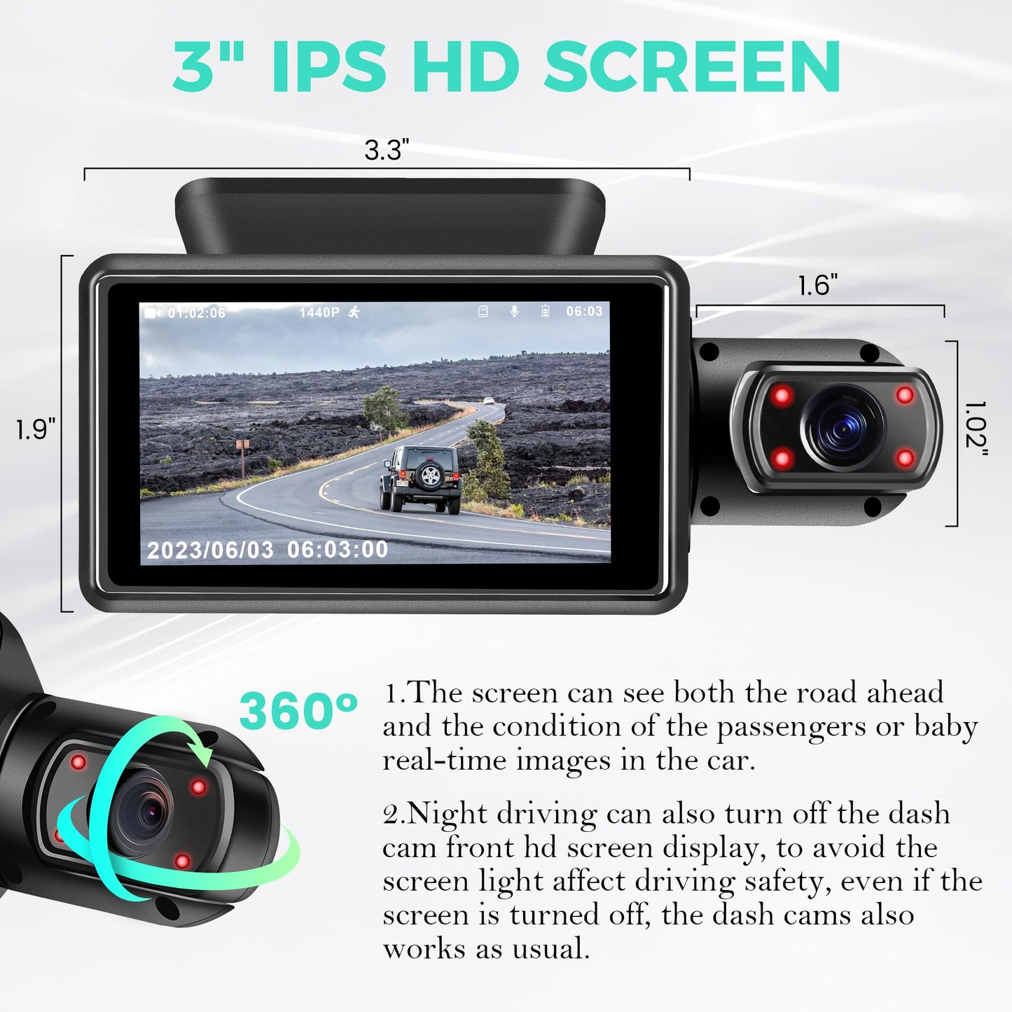 Dual Dash Camera 1440P Front + 720P Inside