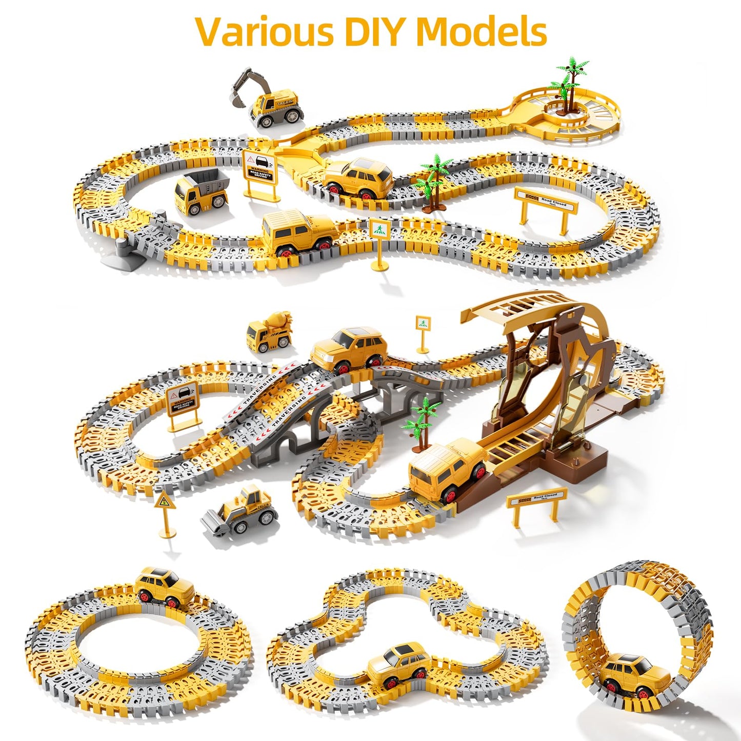 iHaHa 299 PCS Construction Race Tracks Boys Toys, 6 PCS Engineering Cars and Flexible Race Track Playset Create A Engineering Road Gifts Toys for 3 4 5 6 Year Old Boys Kids
