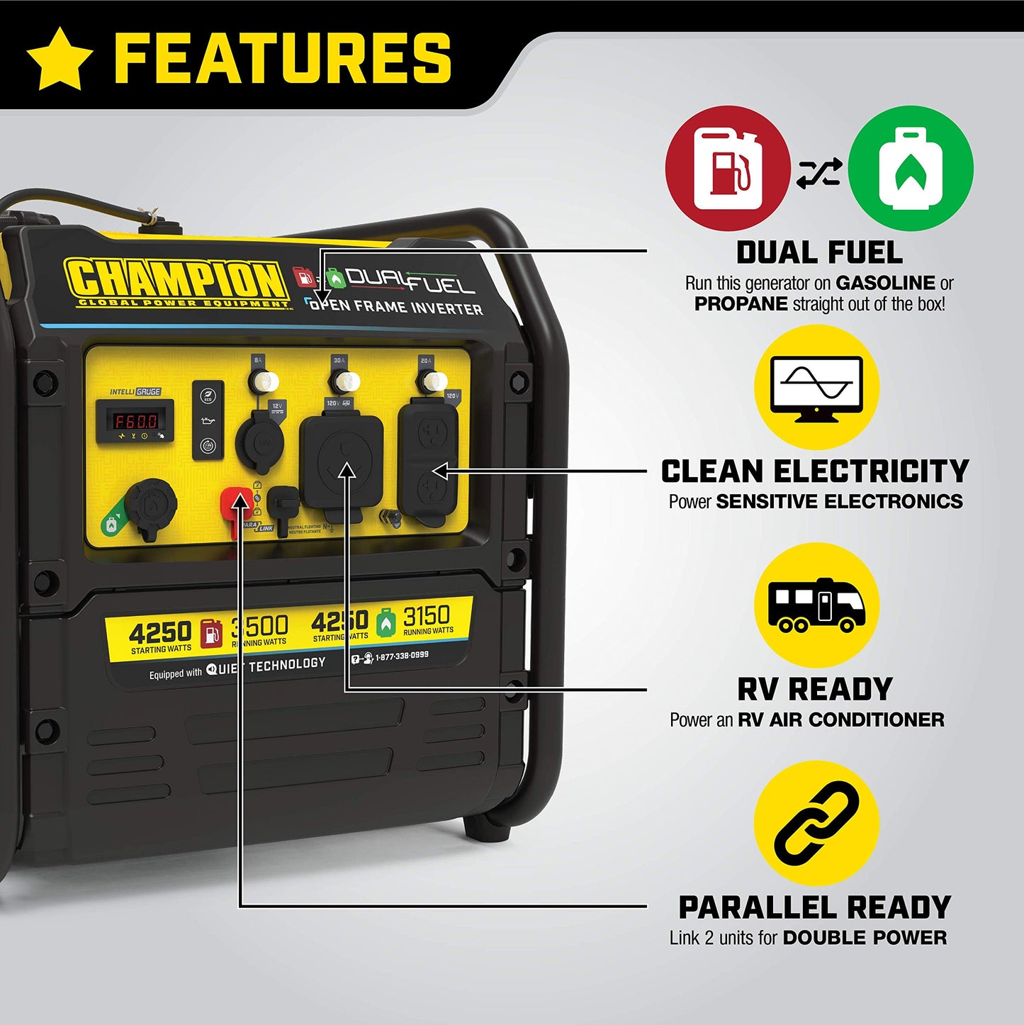 Champion Power Equipment 4250-Watt Dual Fuel RV Ready Portable Open Frame Inverter Generator with Quiet Technology
