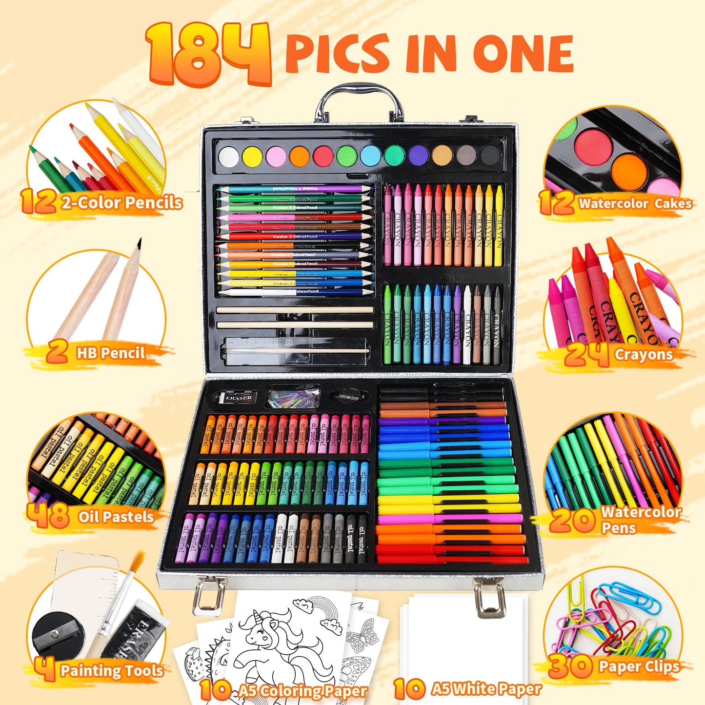 Cokiki Art Supplies, 184-Piece Drawing Art Set, Christmas & Birthday Art Kit for Kids 4 5 6 7 8 9+ with Colored Pencils,Crayons,Oil Pastels,Watercolor Paint Set