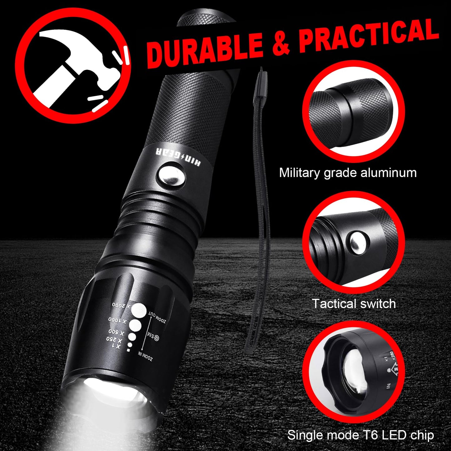 HinsGEAR LED Tactical Flashlight 2 Pack - Super Bright 1000 Lumens Flashlights, High Lumens Handheld Flash Light with 5 Modes, Adjustable Focus, Waterproof, Best Flashlight for Outdoor and Home Use