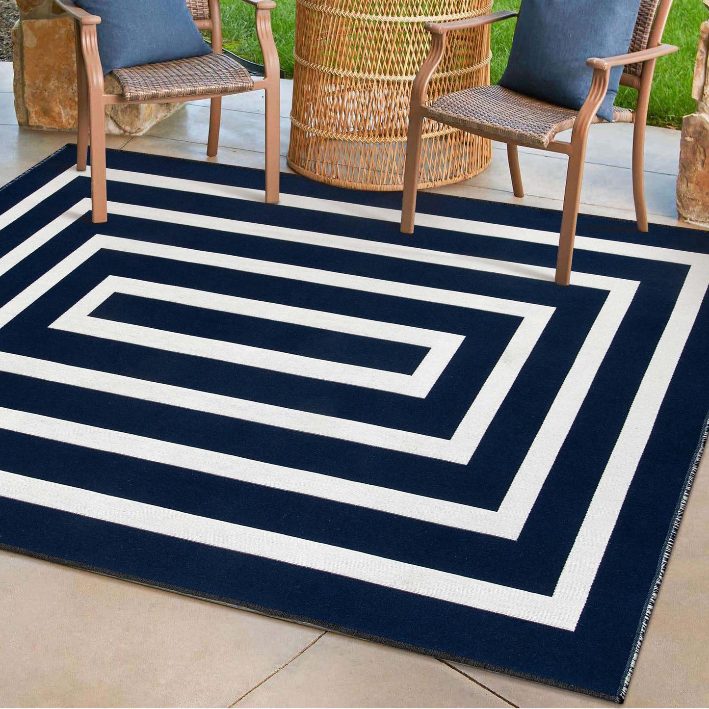 Lahome Modern Outdoor Patio Rug, Washable 5x8 Area Rug Living Room Bedroom Rugs Indoor Outdoor Cotton Rug, Farmhouse Woven Large Blue Geometric Carpet for Backyard Dining Porch