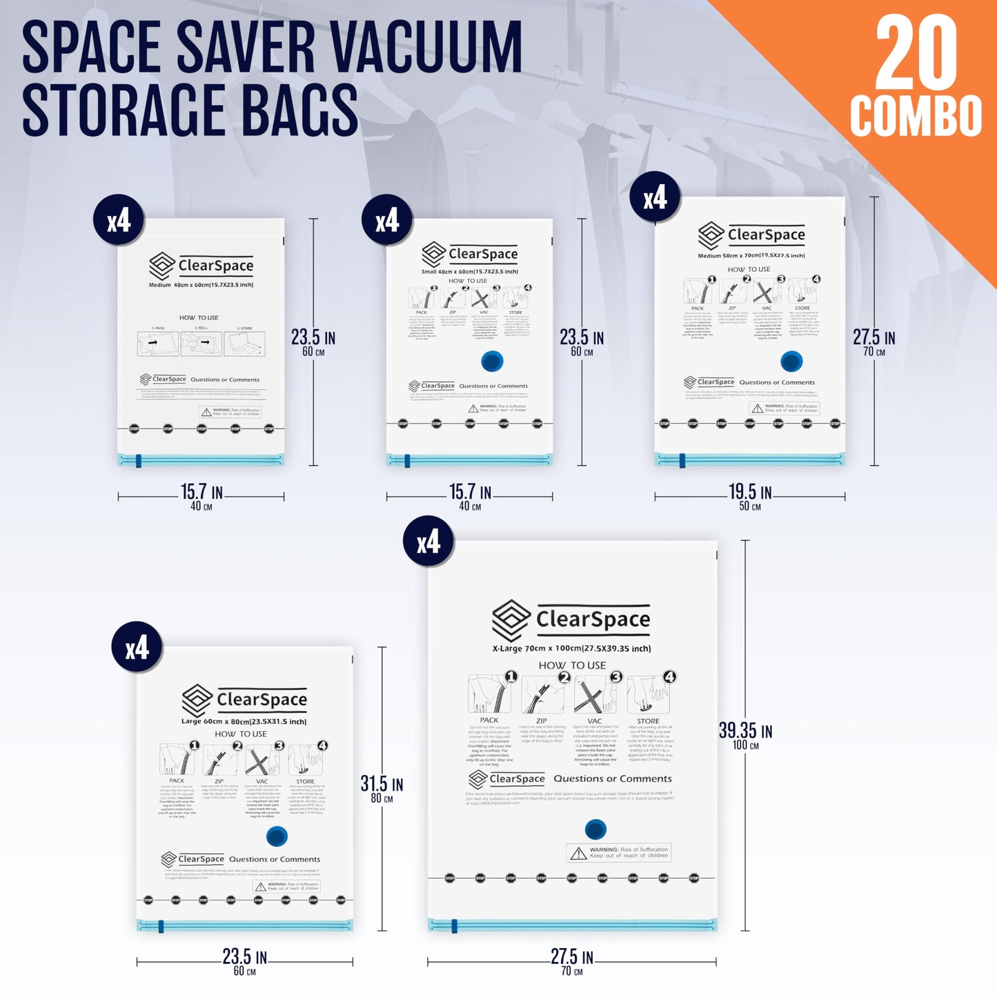 20 Pack Vacuum Seal Bags for Clothes Storage
