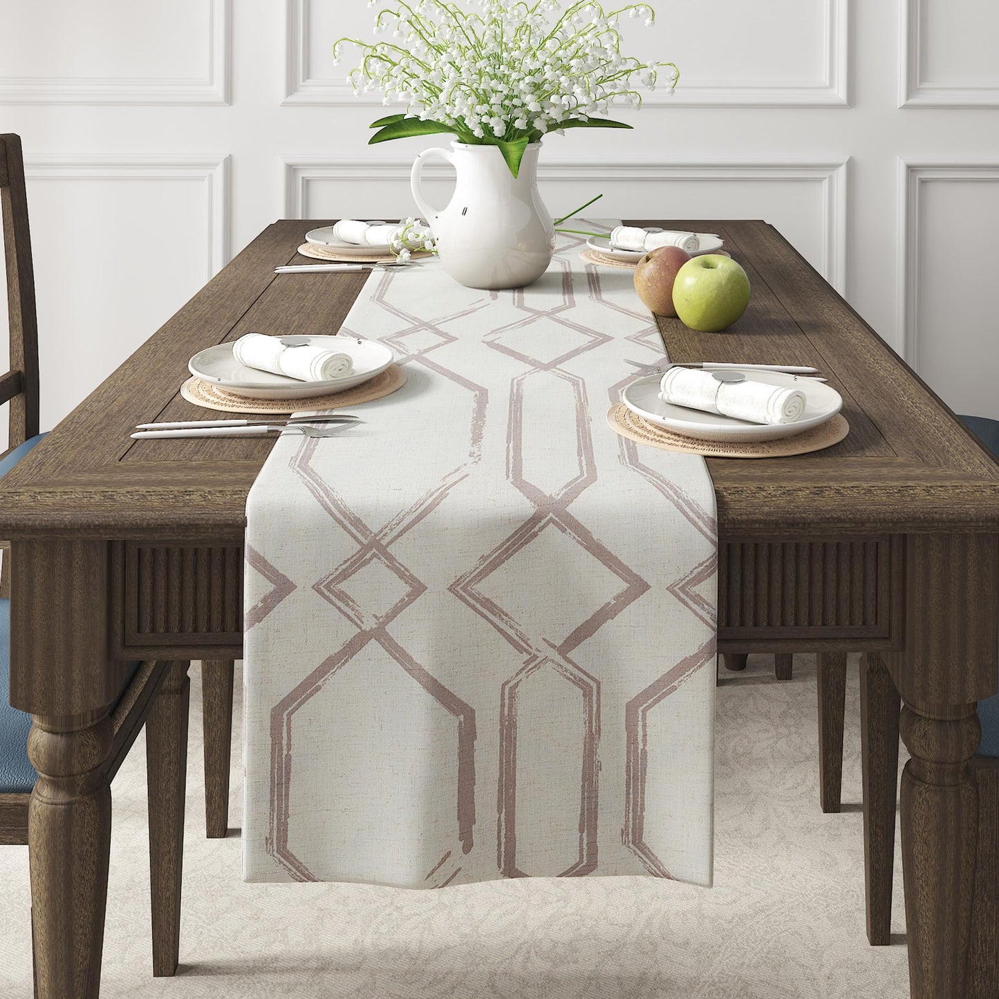 JINCHAN Linen Table Runner Moroccan Tile Print Kitchen Table Cloth 72 Inch Diamond Design Farmhouse Rustic Coffee Table Decor for Kitchen Dining Table Indoor Outdoor Decor 1 Panel Grey on Beige