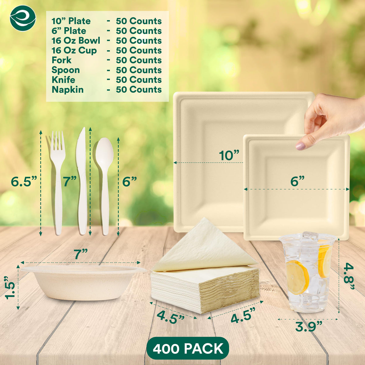 400 Piece Compostable Dinnerware Set for 50