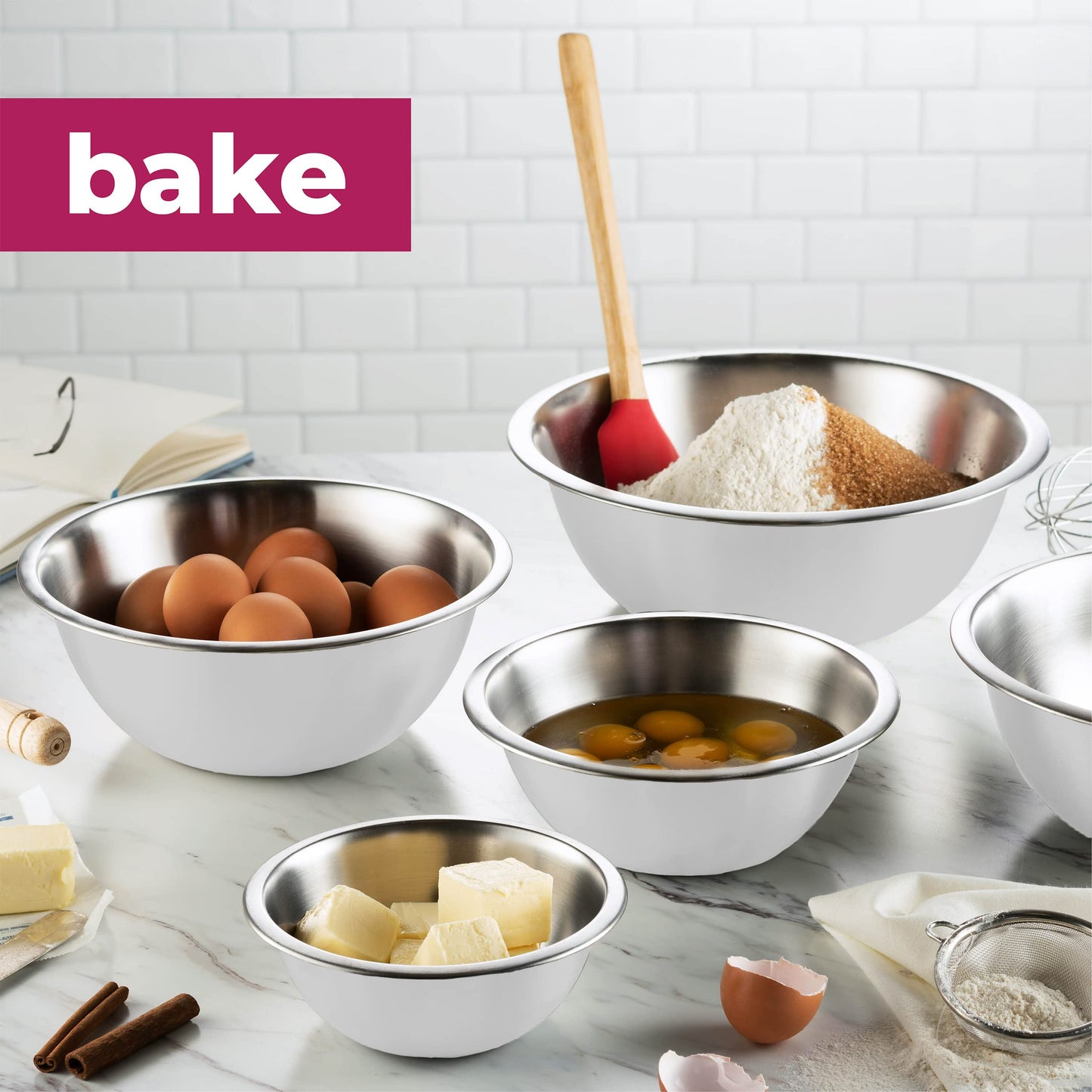 FineDine Stainless Steel Dishware Bowls - Easy To Clean, Nesting Bowls for Space Saving Storage, Great for Cooking, Baking, Prepping, 8 Quarts