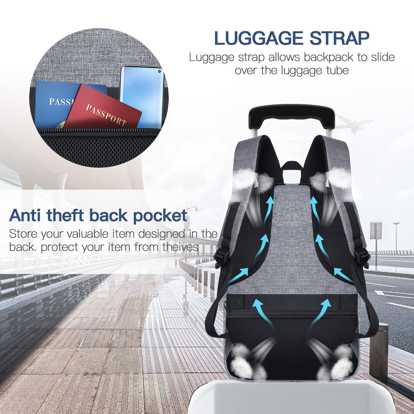 LCKPENG Large Travel Backpack, 17 inch Laptop Backpack for School, Travel Backpack Carry On Flight Approved, Big Computer Backpack for Men & Women, College Business Work Bag Backpack, Grey
