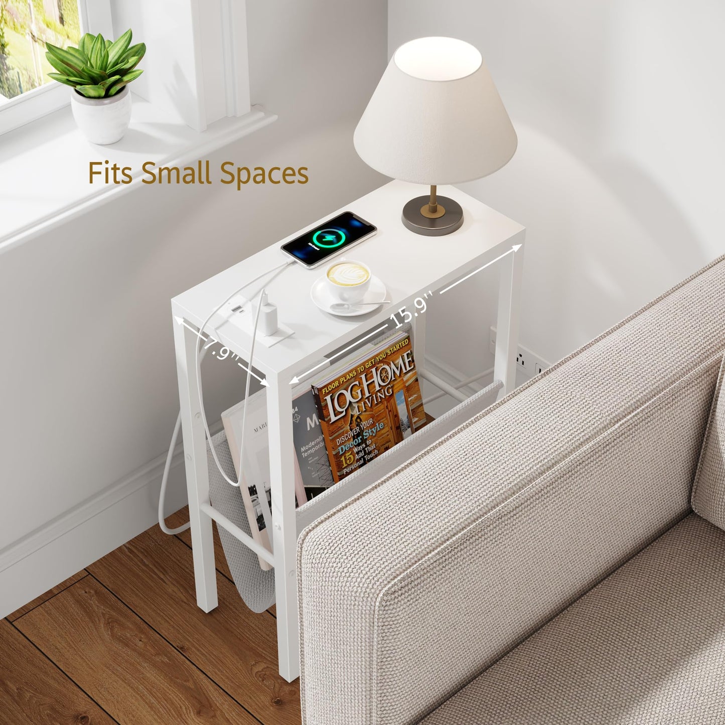 Narrow Side Table with USB Ports & Storage