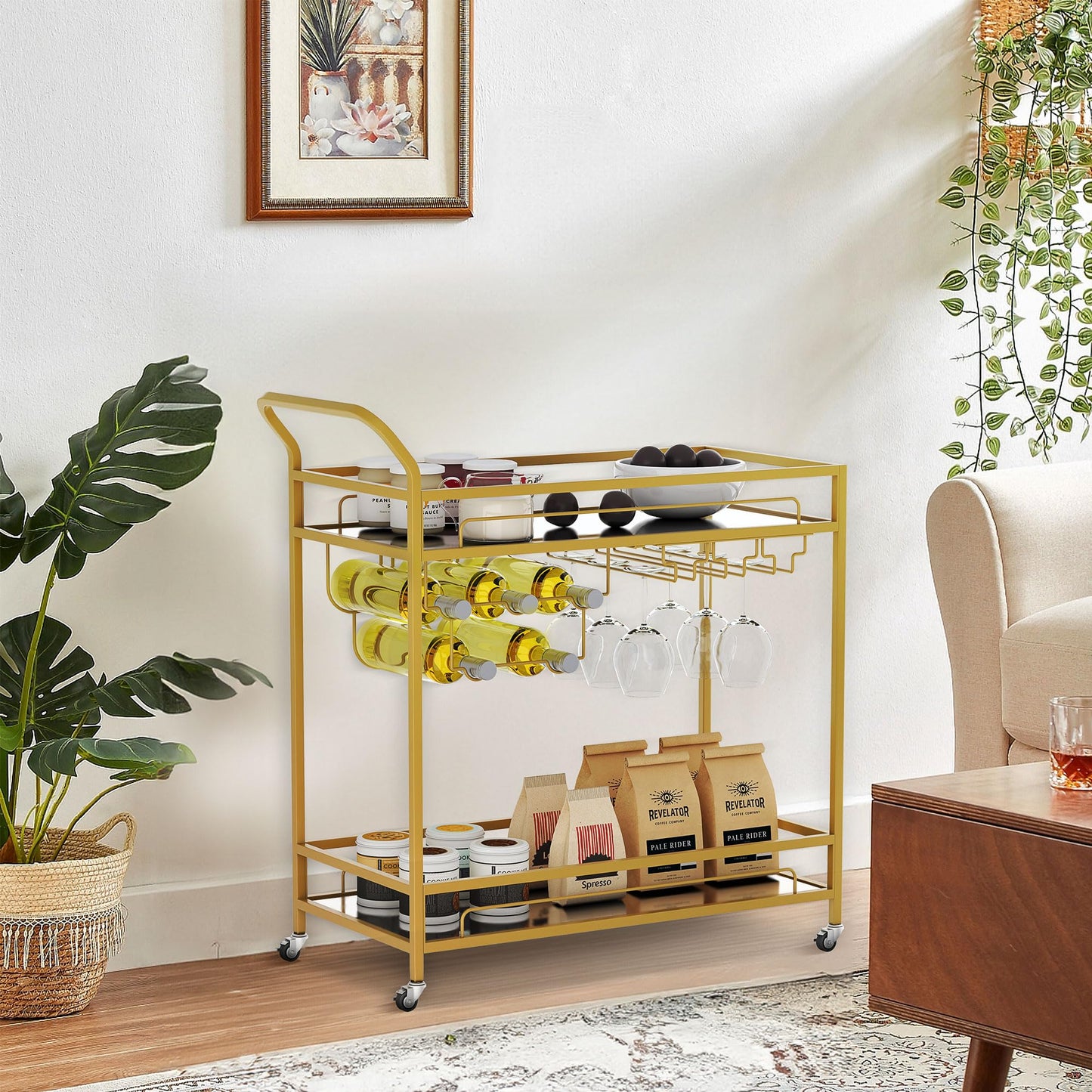 Bar Cart with Mirrored Shelves & Wine Holders