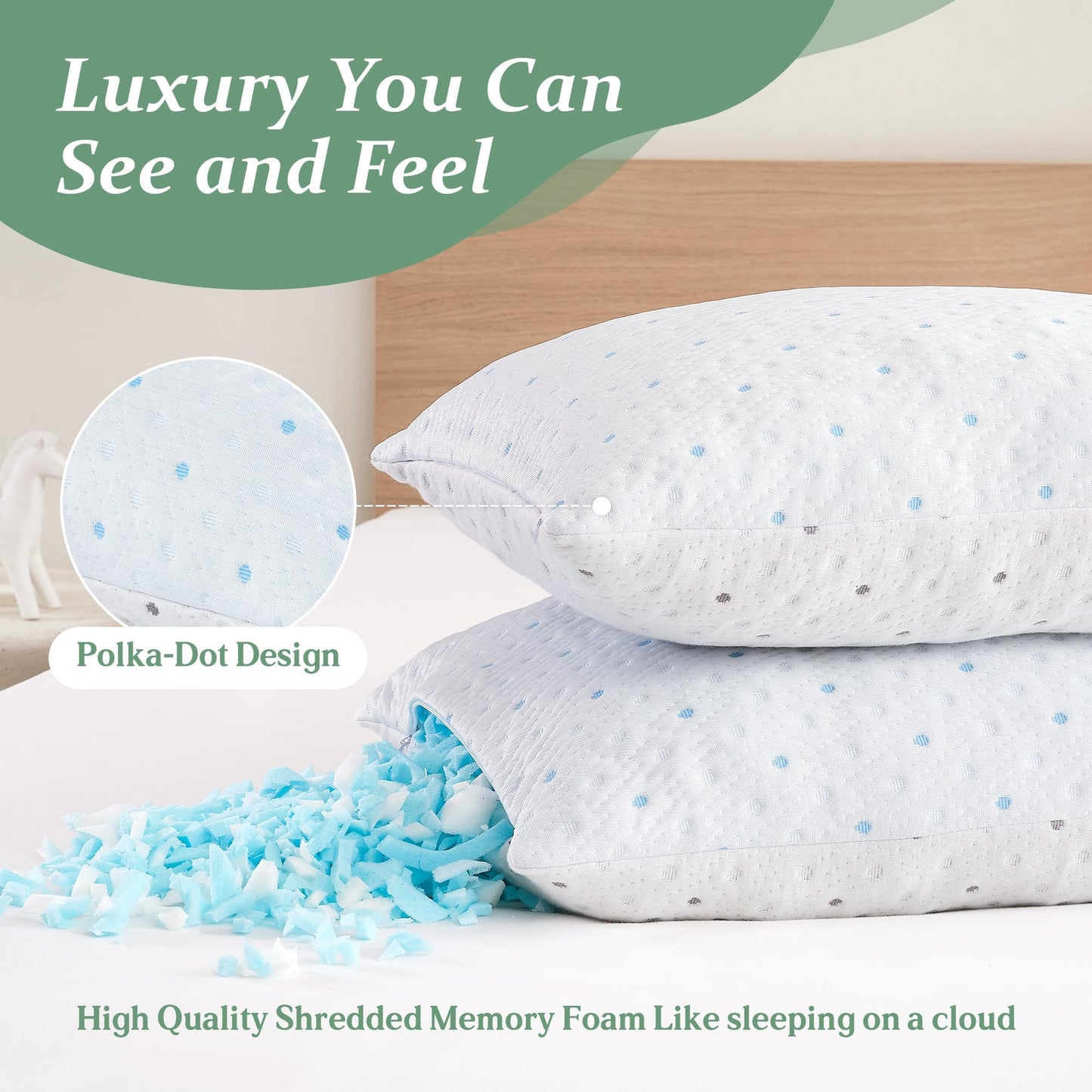 Dreamood Queen Pillows Set of 1 with Cooling & Soft Cover Shredded Memory Foam Pillows Adjustable Loft & Firmness Bed Pillow for Sleeping for Side Back Stomach Sleeper Cooling Pillow Hypoallergenic