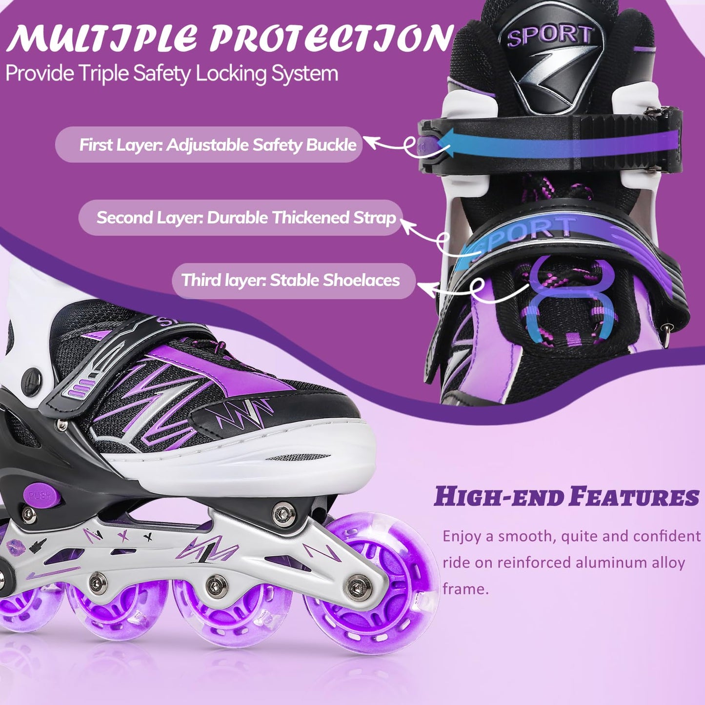 LEJIJIT Adjustable Inline Skates for Kids Girls Boys Children Beginners, Black & Purple Inline Roller Skates with Light Up Wheels for Kids and Youth for Indoors Outdoors Sports (Medium)