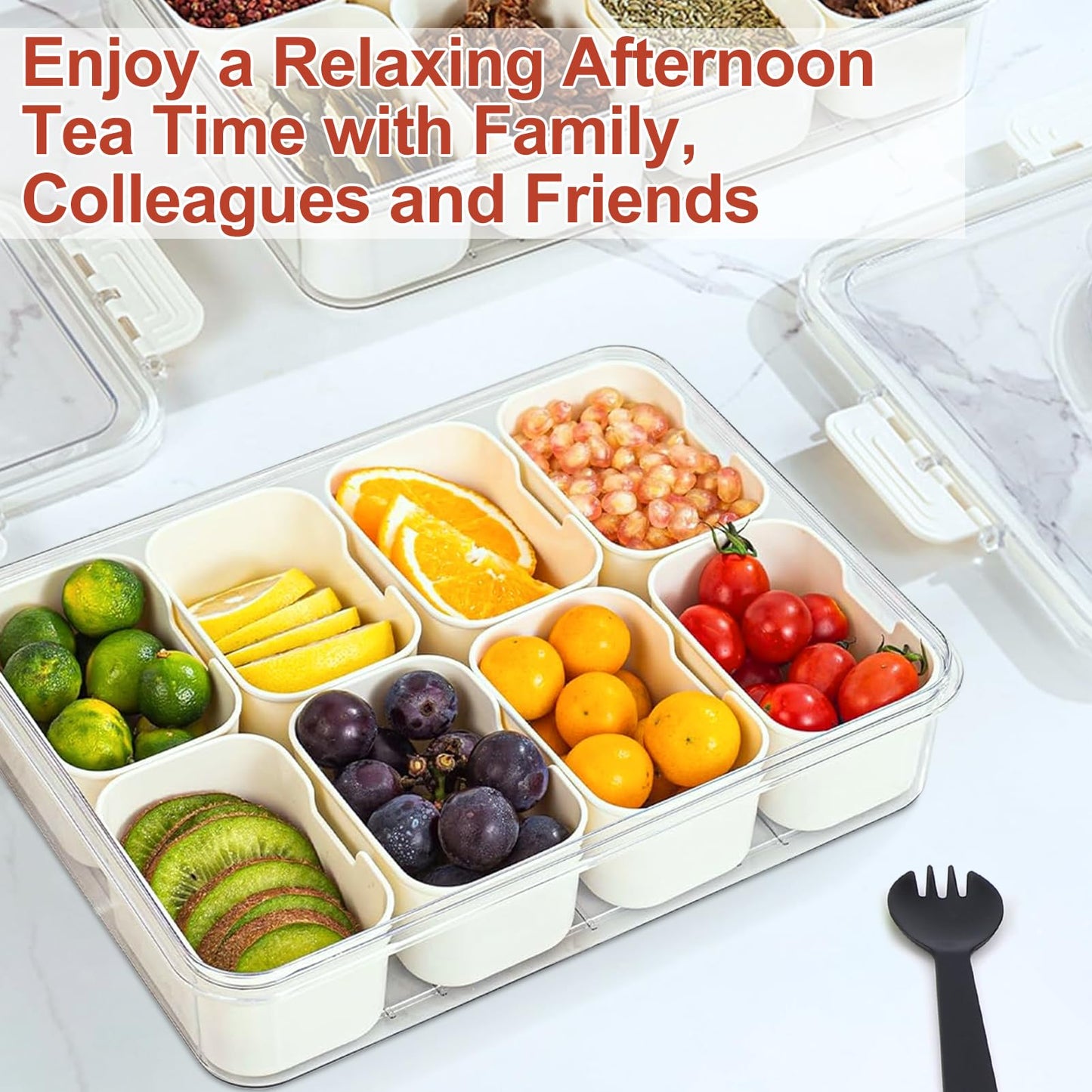 Divided Serving Tray with Lid and Handle, Portable Snackle Box Charcuterie Container with 16 Compartments & 16 Forks, Snack Container for Party, Fruit, Nuts, Candy, Entertaining, Picnic, 2 Pack