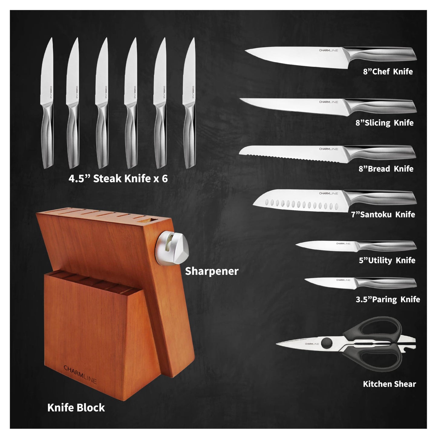15-Piece Kitchen Knife Set with Block & Sharpener