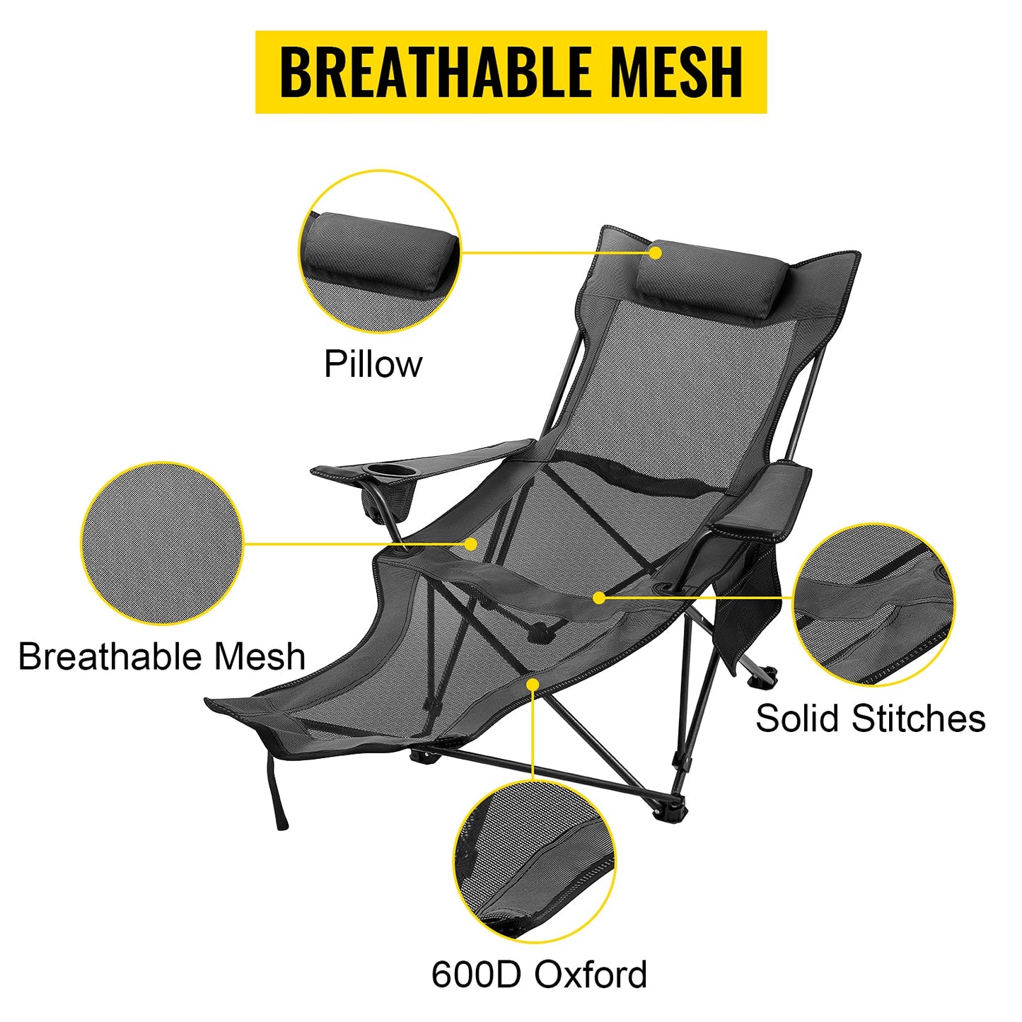 Happybuy Folding Camp Chair with Footrest Mesh, Portable Lounge Chair with Cup Holder and Storage Bag, for Camping Fishing and Other Outdoor Activities (Grey)