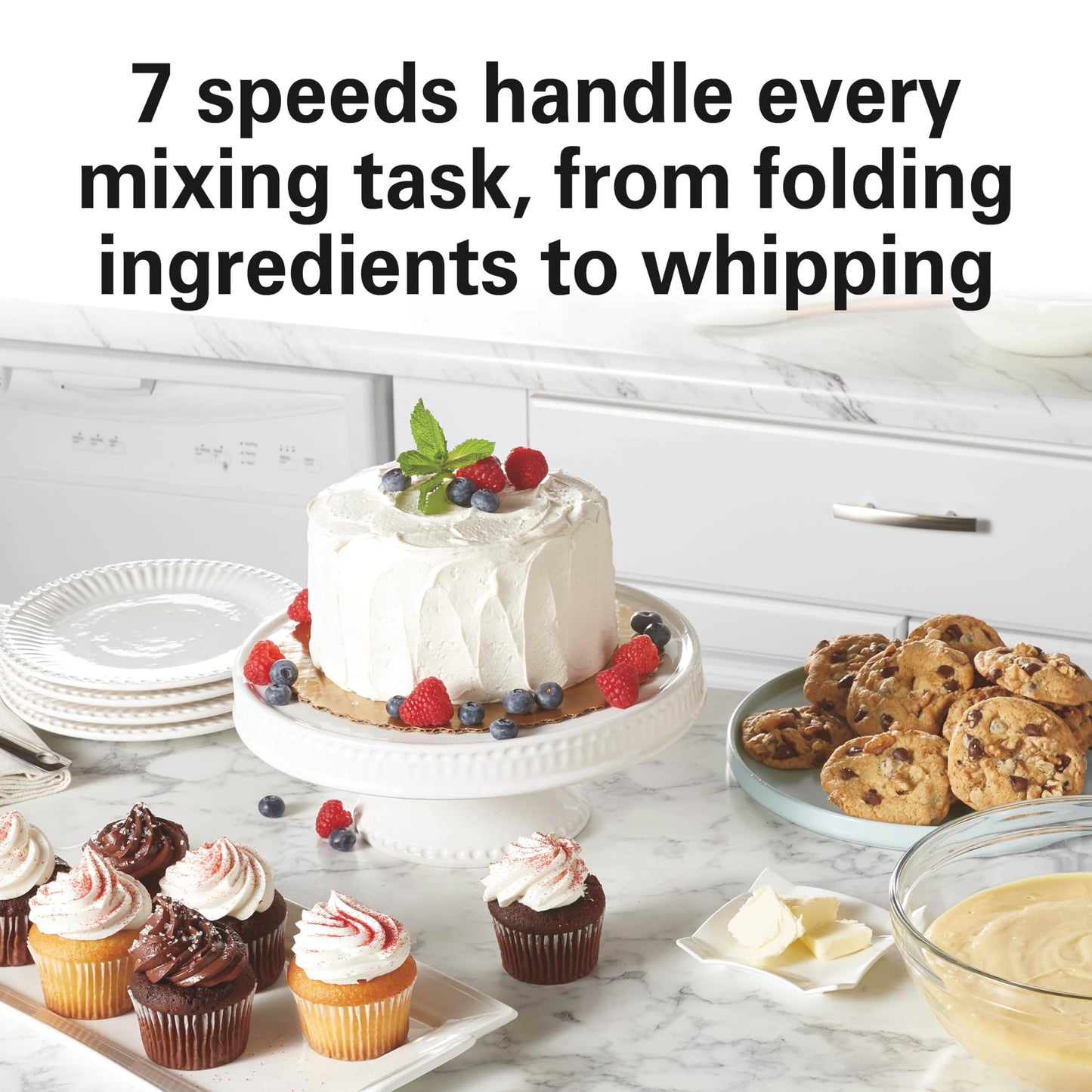 Hamilton Beach Electric Stand Mixer, 4 Quarts, Dough Hook, Flat Beater Attachments, Splash Guard 7 Speeds with Whisk, Silver