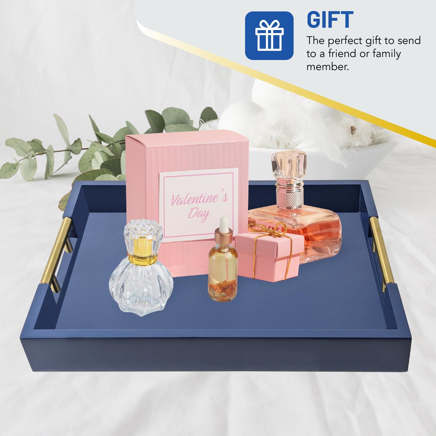 Decorative Rectangle Navy Blue Serving Tray with Handles includes 4 Matching Coasters, Ottoman Tray - Tea and Coffee Table, Modern Wooden Tray for Living Room