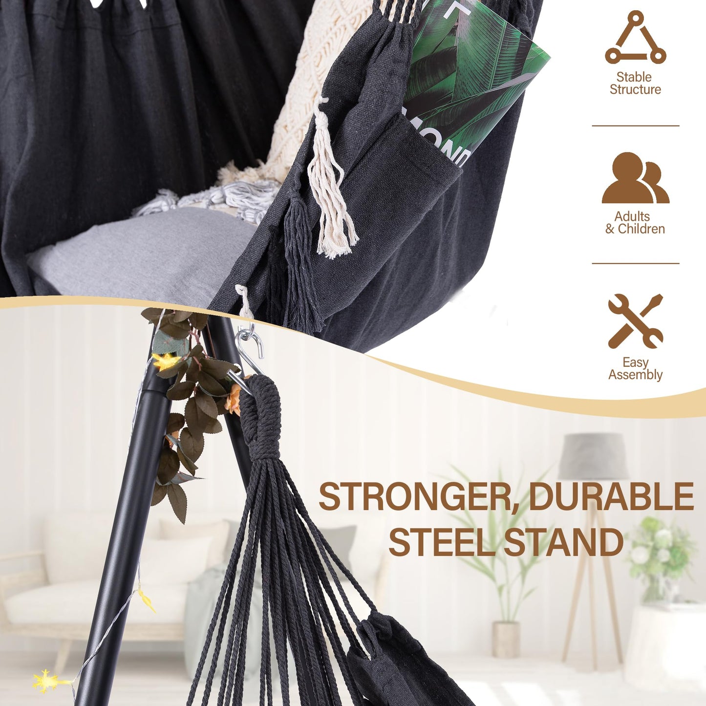 Hammock Chair Hanging Rope Swing & Stand Set with Two Holders, Heavy Duty Hanging Stand with Three Hooks, Multi-Use for Indoor Outdoor Patio Yard Garden (Black)