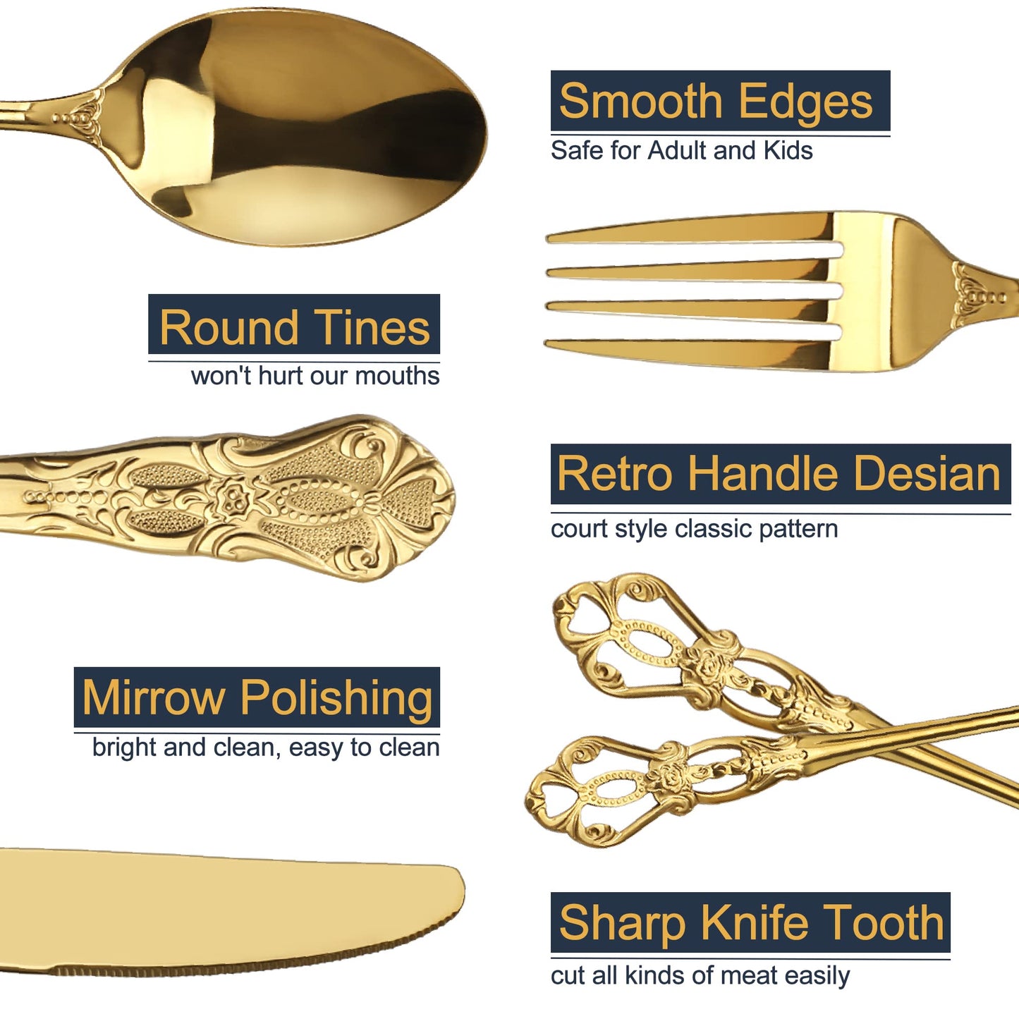 Runfly Gorgeous Retro Royal Gold Stainless Steel 20 Pieces Flatware Set, Golden Silverware Set, Anti-rust Stainless Steel Gold Cutlery Set Utensils Including Fork Spoon and Knife