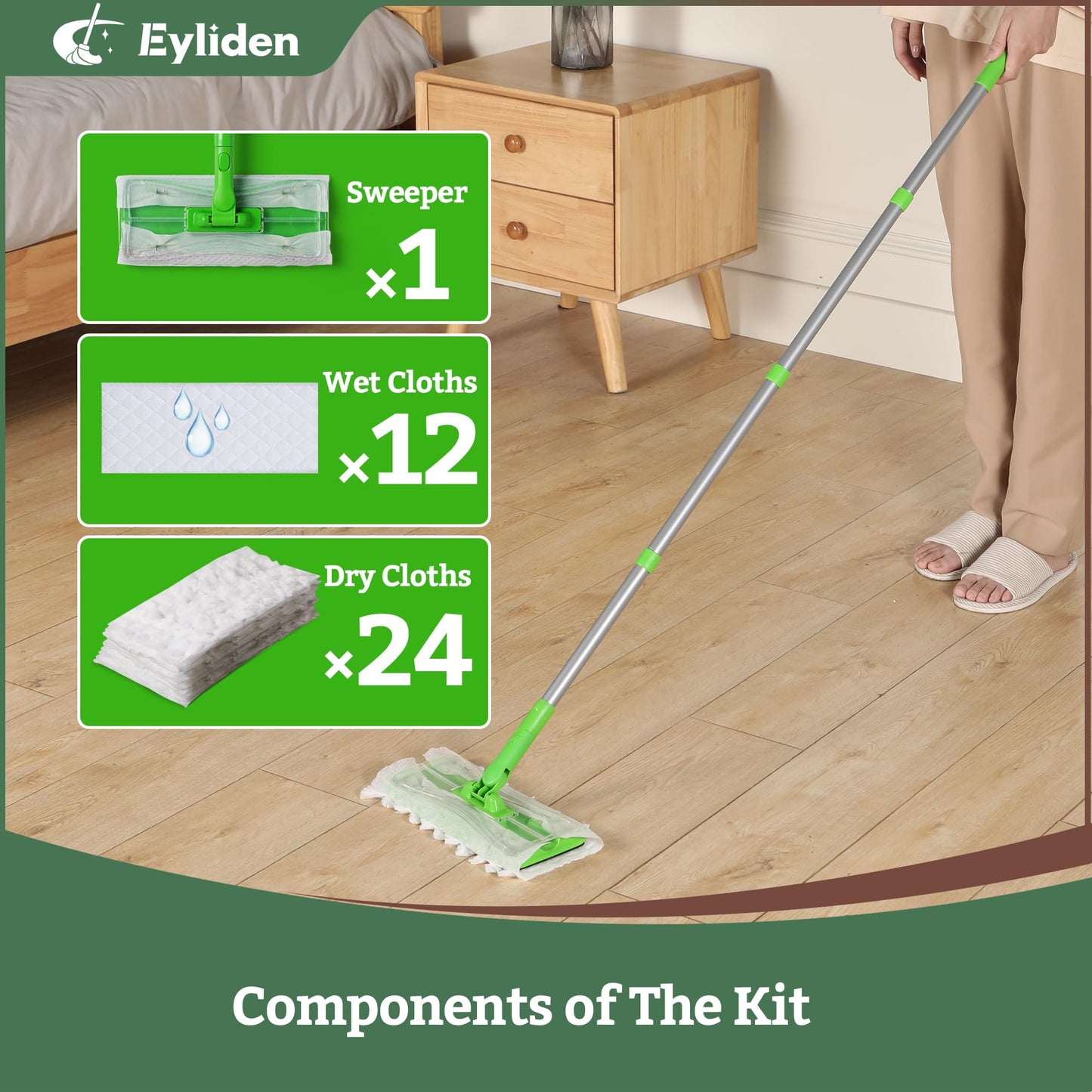 Eyliden Sweeper Mop - Lock Tight Design No Lost Pads - 36 Disposable Dry & Wet Cloths, Dust Mop Starter Kit for Pet Hair, Hardwood Floors, 360 Swivel, Universal Refills, Efficient Floor Cleaning