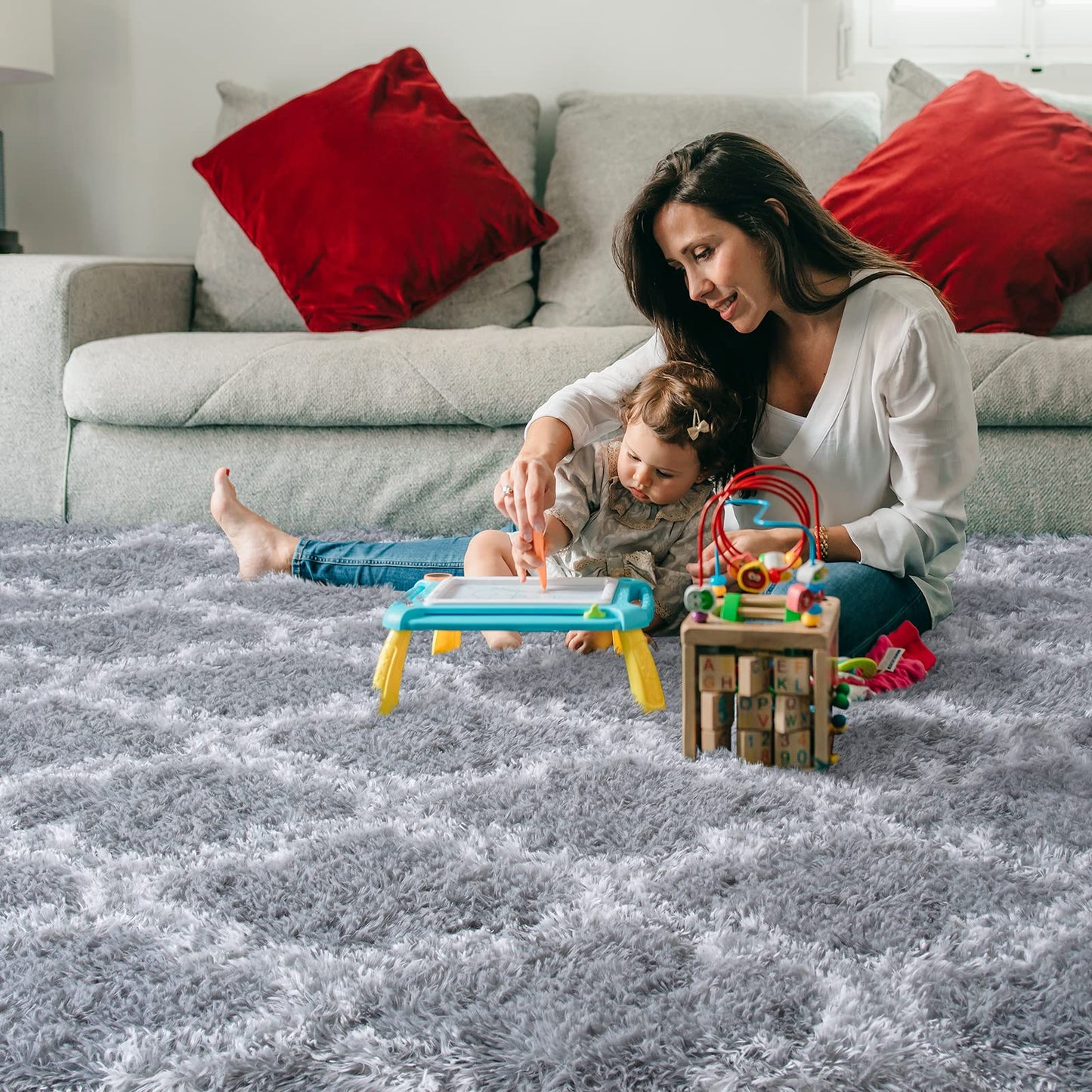 Unirea Luxury Shag Area Rugs for Living Room 4x6 Feet Geometric Plush Fluffy Rugs, Extra Soft and Comfy Carpet for Bedroom Kids Teens Room Dorm Nursery Playroom Home Decor, Light Grey/White