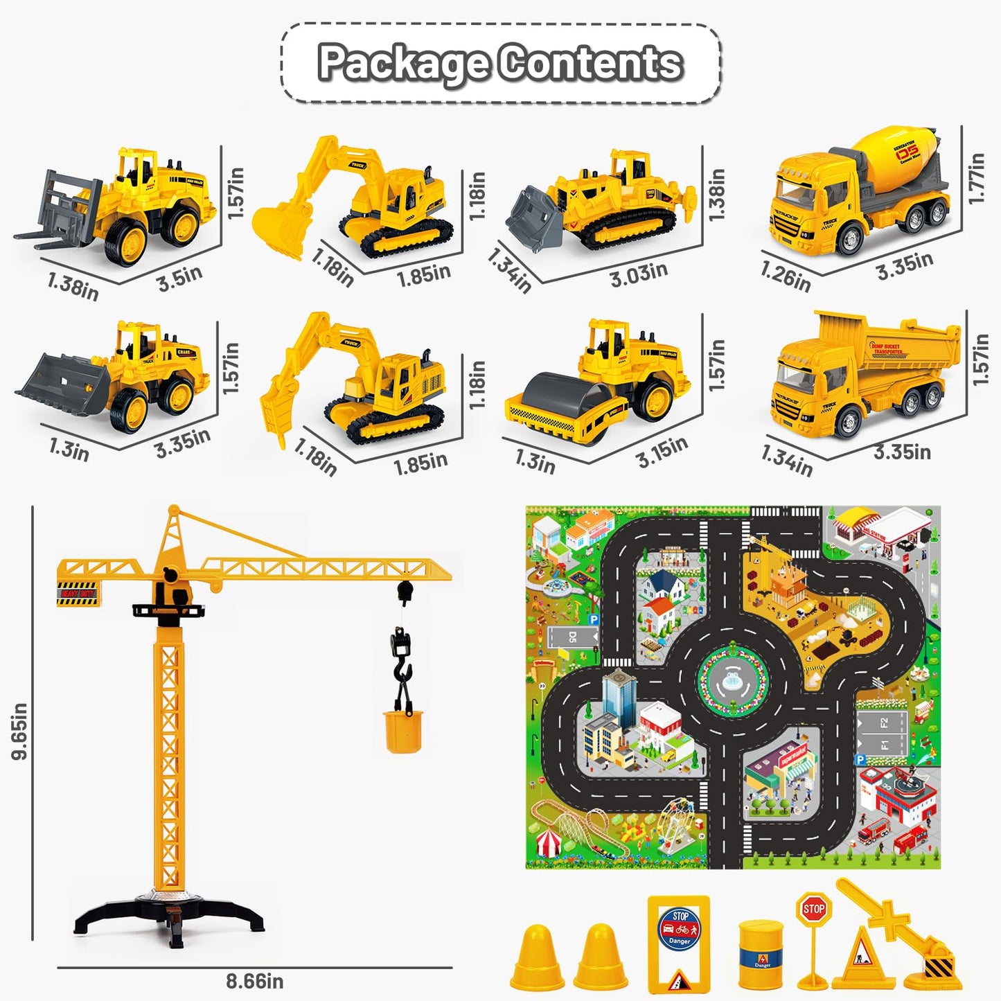 deAO Die Cast Construction Toy Trucks Set with Play Mat, 8 Construction Vehicles with Road Signs Crane, Bulldozers Excavator Cement Dump Digger Toys, Toddler Boys Toys for Kids Age 3 4 5 6 Birthday