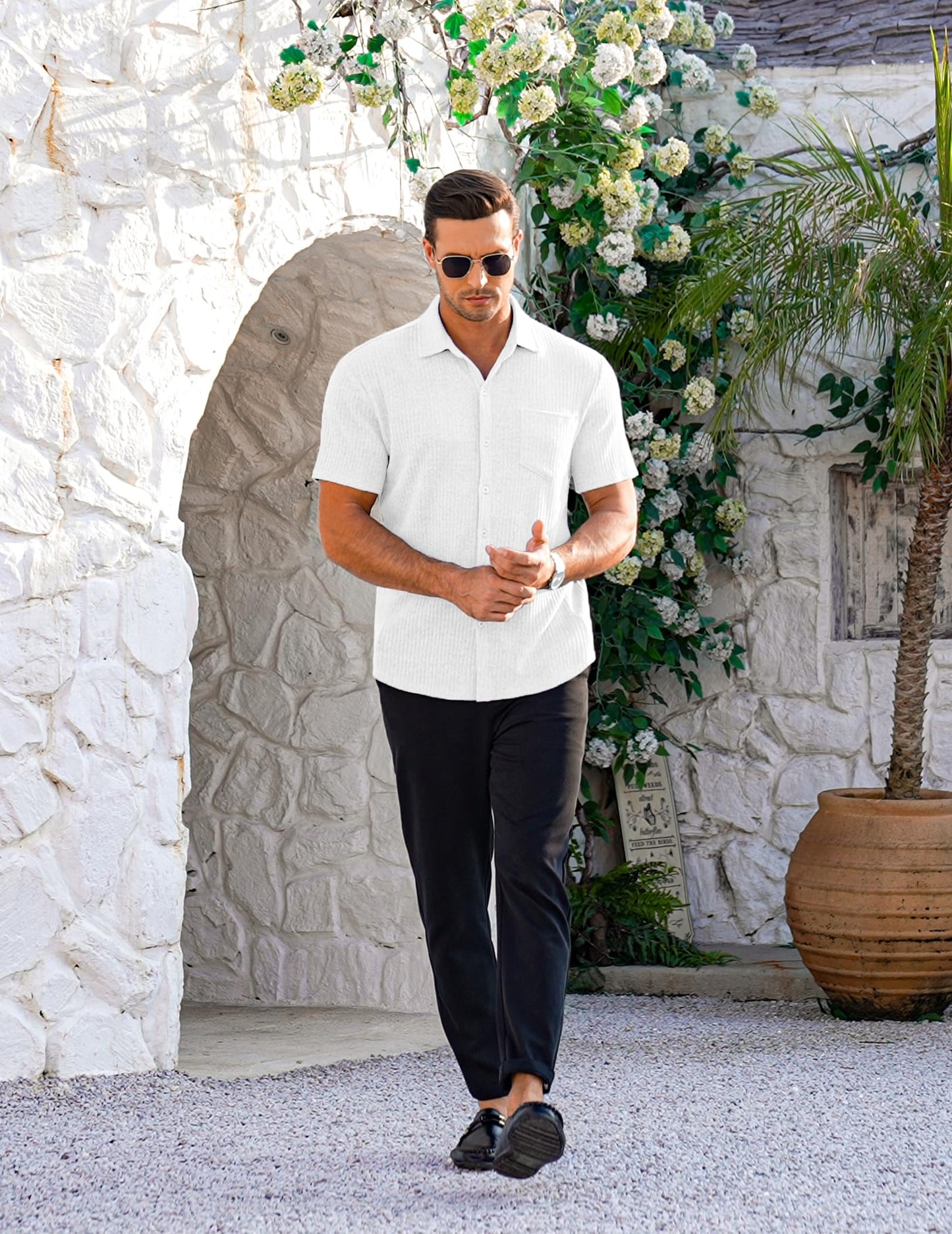 COOFANDY Men Muscle Fit Dress Shirts Slim Fit Knitted Short Sleeve Casual Button Down Shirt White