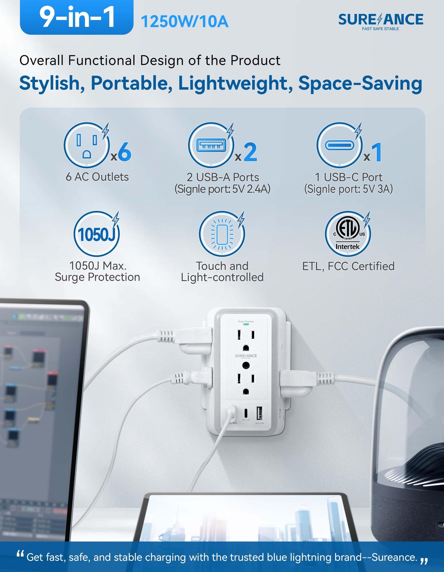 SUREANCE Surge Protector with USB Ports and Lights