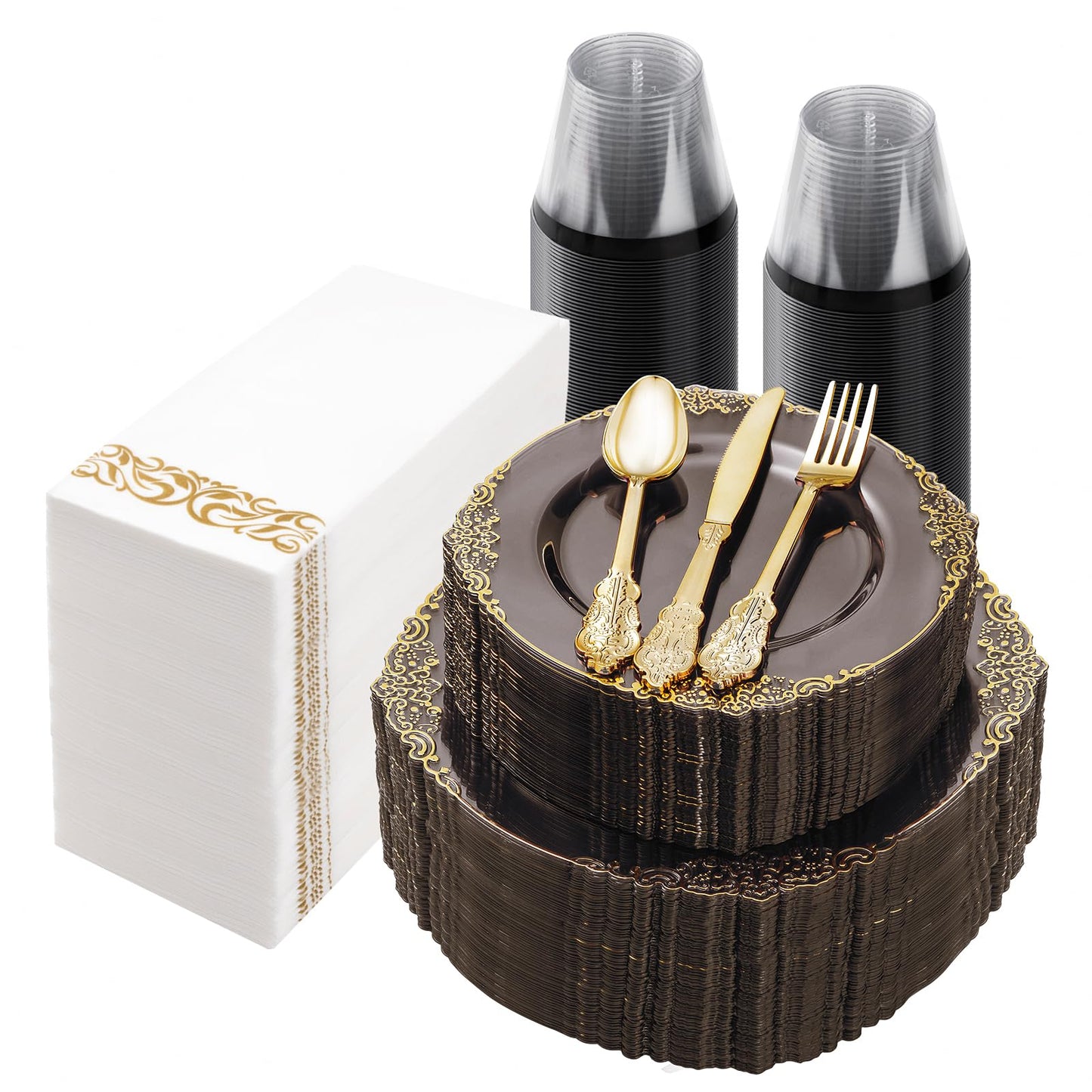 Bestluck 350PCS Clear Black Plastic Plates for 50 Guests, Disposable Plates with Gold Trim include 50 Dinner plates, 50 Dessert Plates, 150 Gold Silverware, 50 Cups, 50 Napkins for Wedding & Party