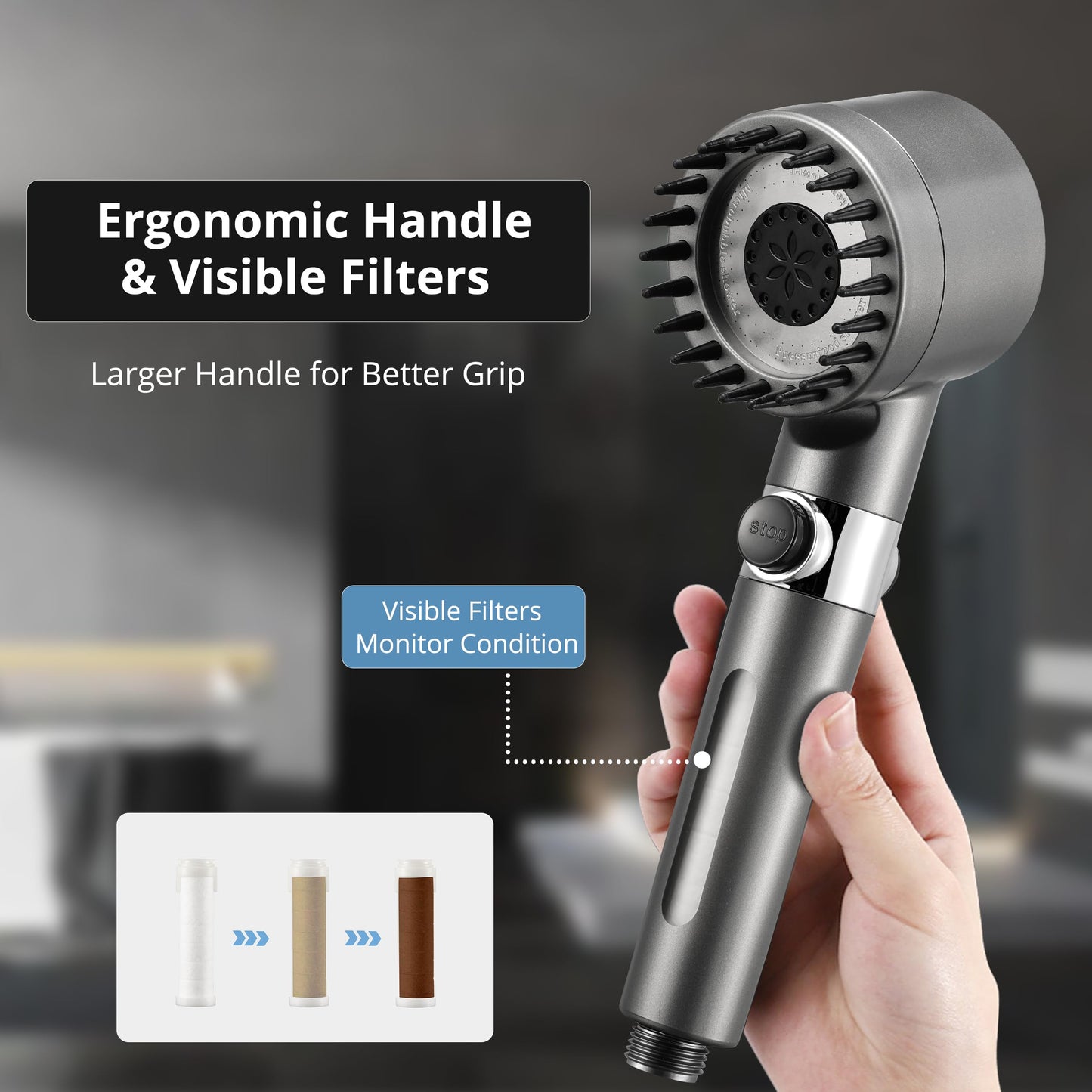 Iopsk Fitered Shower Head with Handheld for Hard Water, High Pressure Handheld Shower Heads with On Off Switch, Showerhead with Long Hose(Gun Grey,2 Filters)