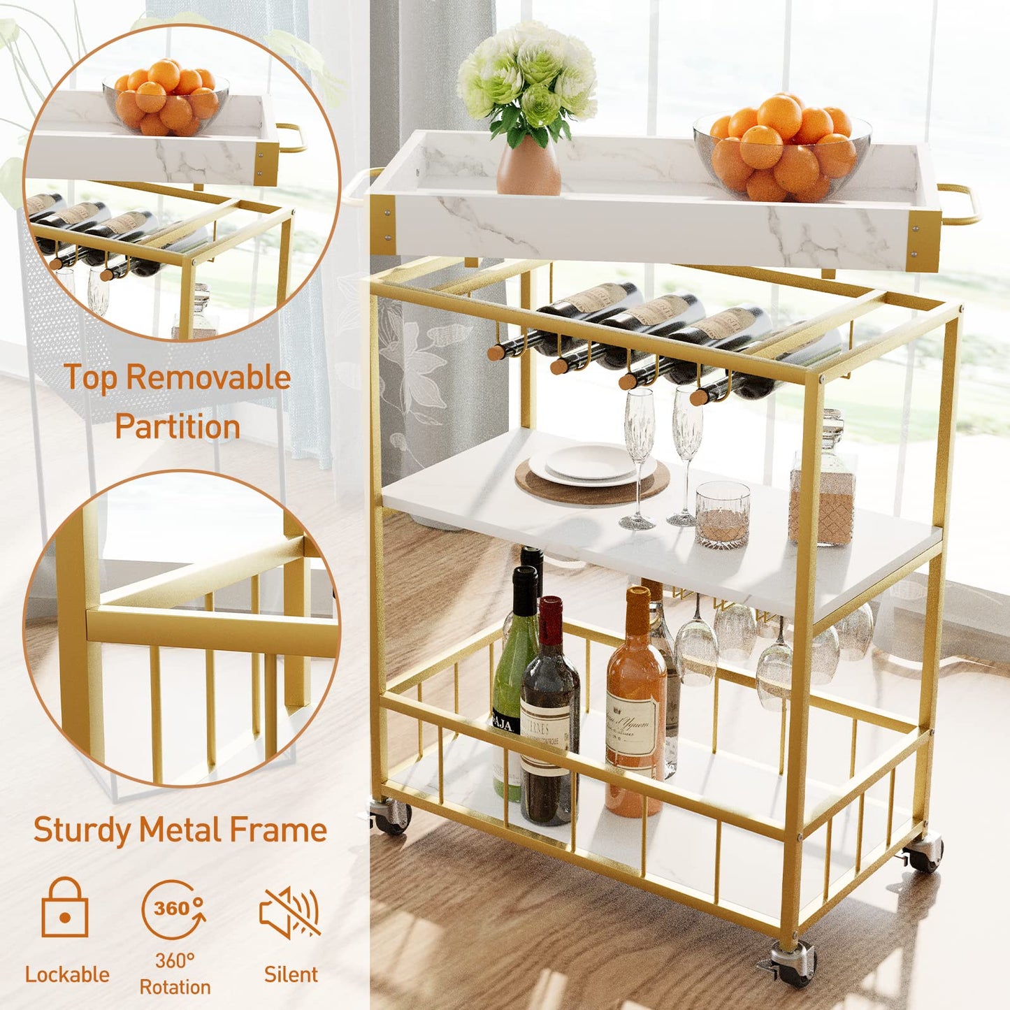 aboxoo Bar Cart White Marble 3 Tiers Removable Storage Tray with Wine Rack & Wine Glasses Holder,Rolling Beverage Mobile Bar Serving Cart with Handle Wood and Gold Steels Home Kitchen Shelf for Party