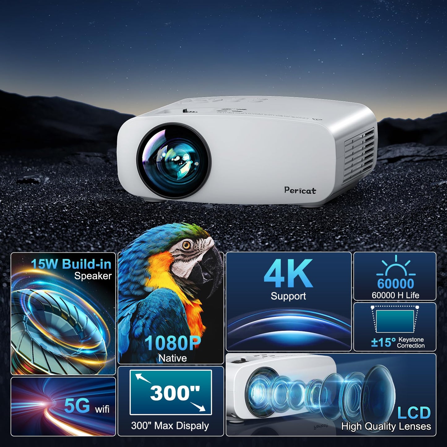 5G WiFi Bluetooth Projector, Pericat Native 1080P Movie Projector for Phone, Portable Outdoor Projector, 13000L Home Theater Video Projector, Mini Projector Compatible w/ PC, HDMI, USB, TV Stick, PS5