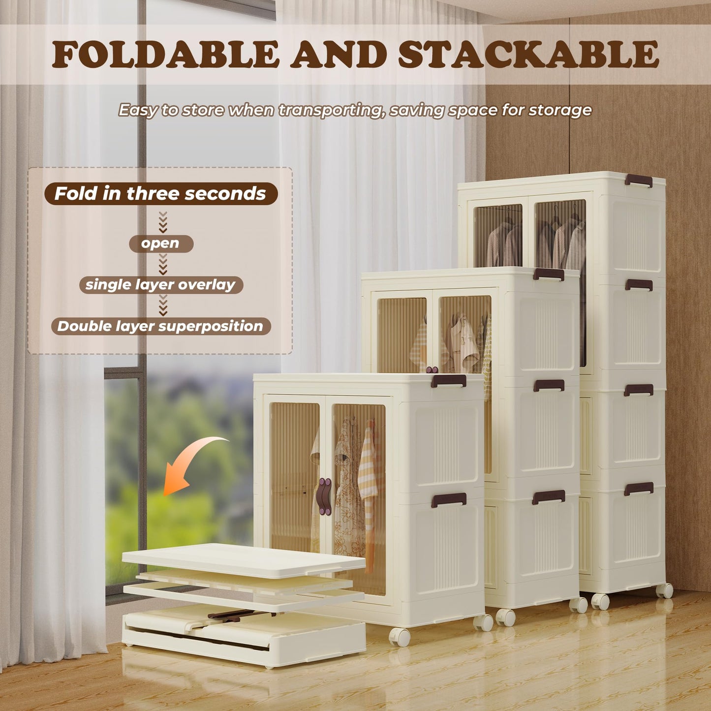 Jifvrnk Portable Closet Wardrobe, Collapsible Armoire Wardrobe Closet with Doors, Wheels and Hanging Rod, Easy Install(Large)