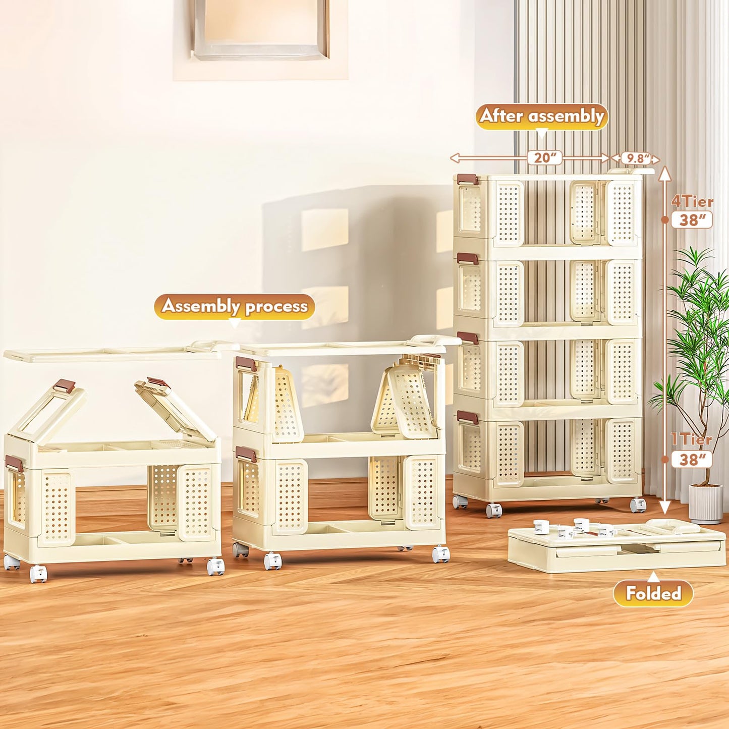 4 Tier Storage Bins with Lids, Plastic Storage Bins With Wheels, Collapsible Storage Bins With Handle, Closet Organizers and Storage