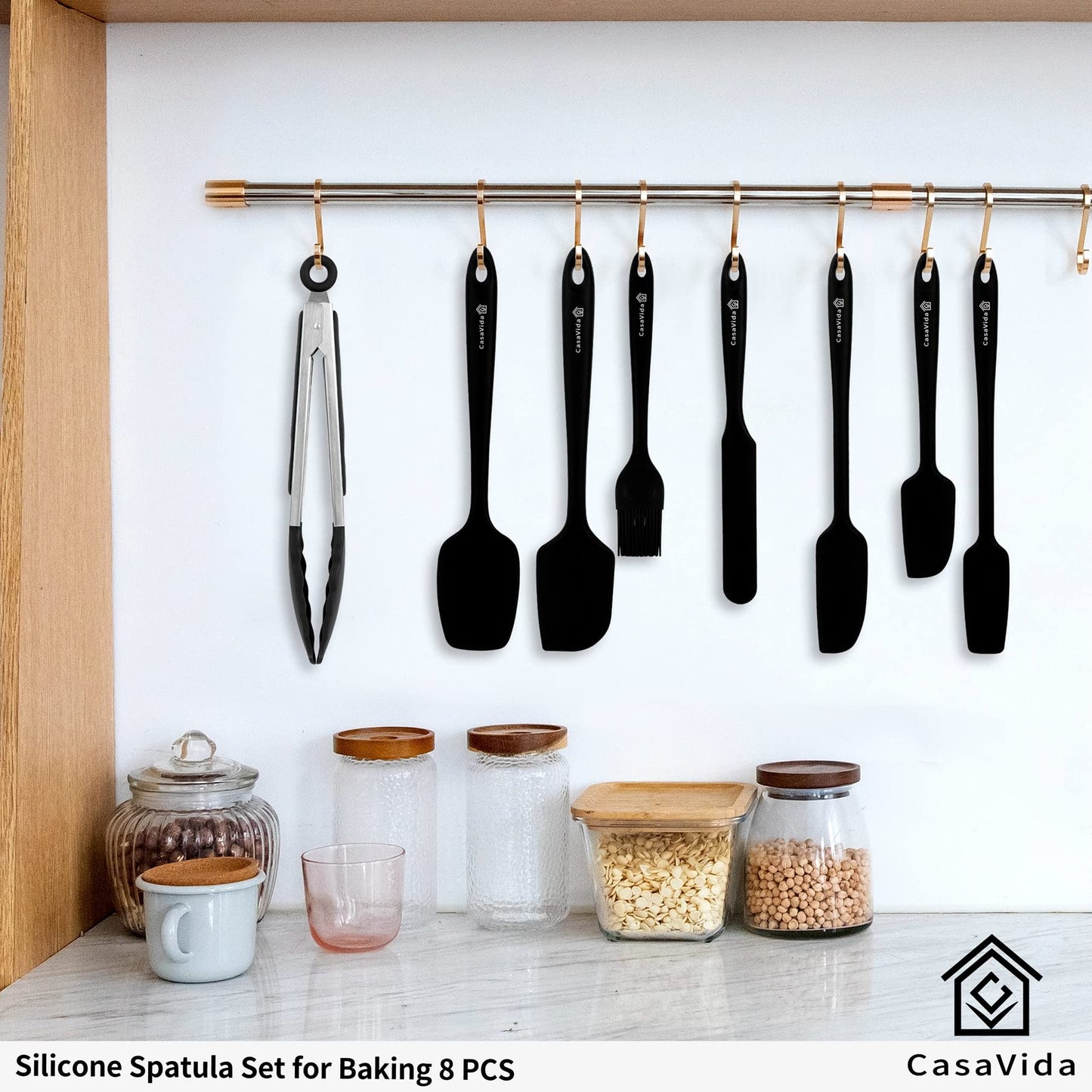 CasaVida Silicone Spatula Set One-piece Seamless High Heat Resistant Non Stick Bakery Spatula Flexible BPA Free Dishwasher Safe Kitchen Utensils Bakeware Cookware Cooking Baking Mixing Black 8pcs