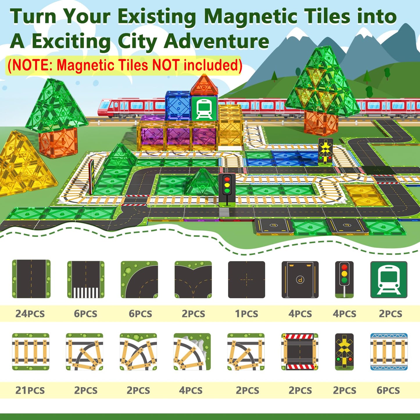 90PCS Magnetic Tile Road Toppers Playset for Kids