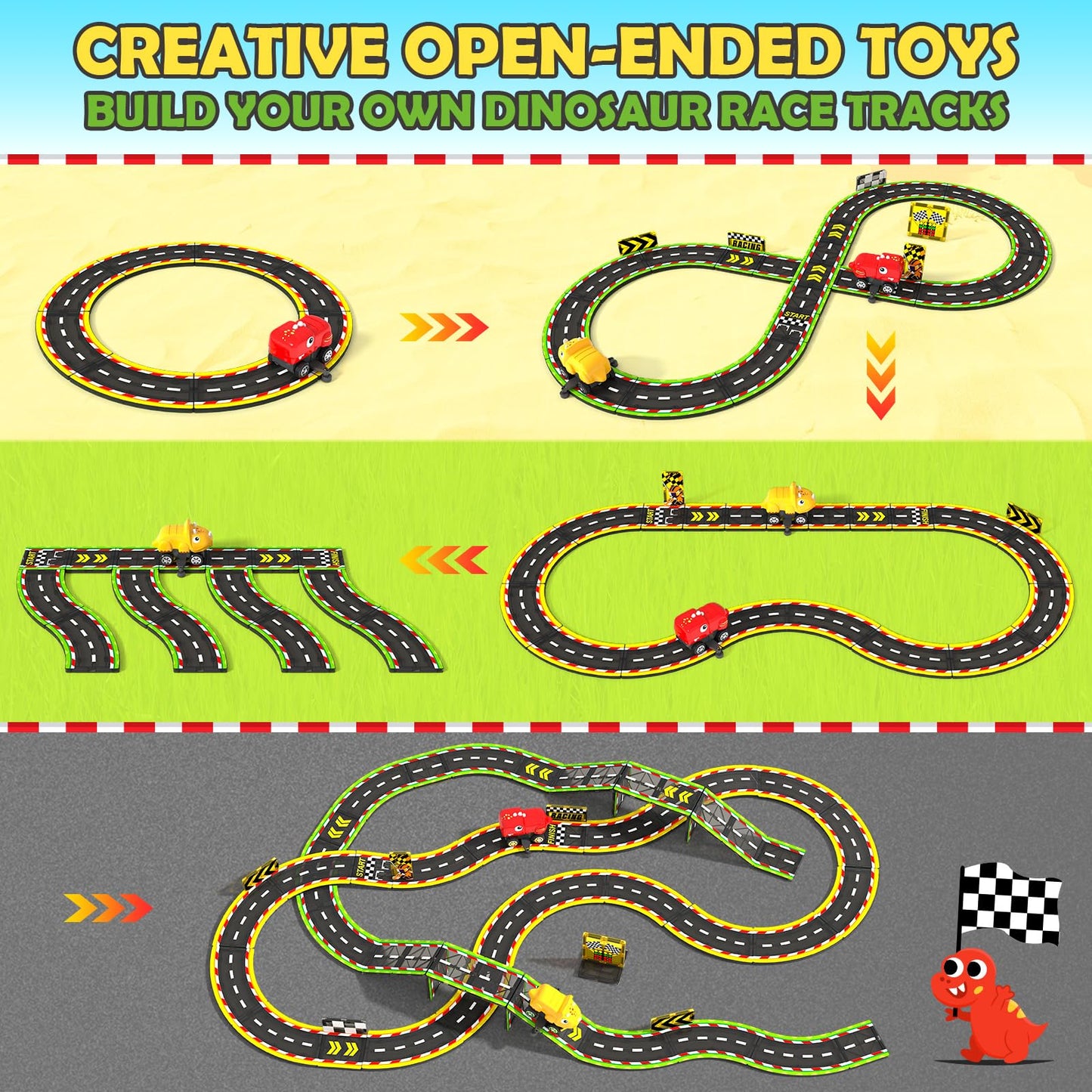 Dinosaur Magnetic Tiles with Race Track Cars