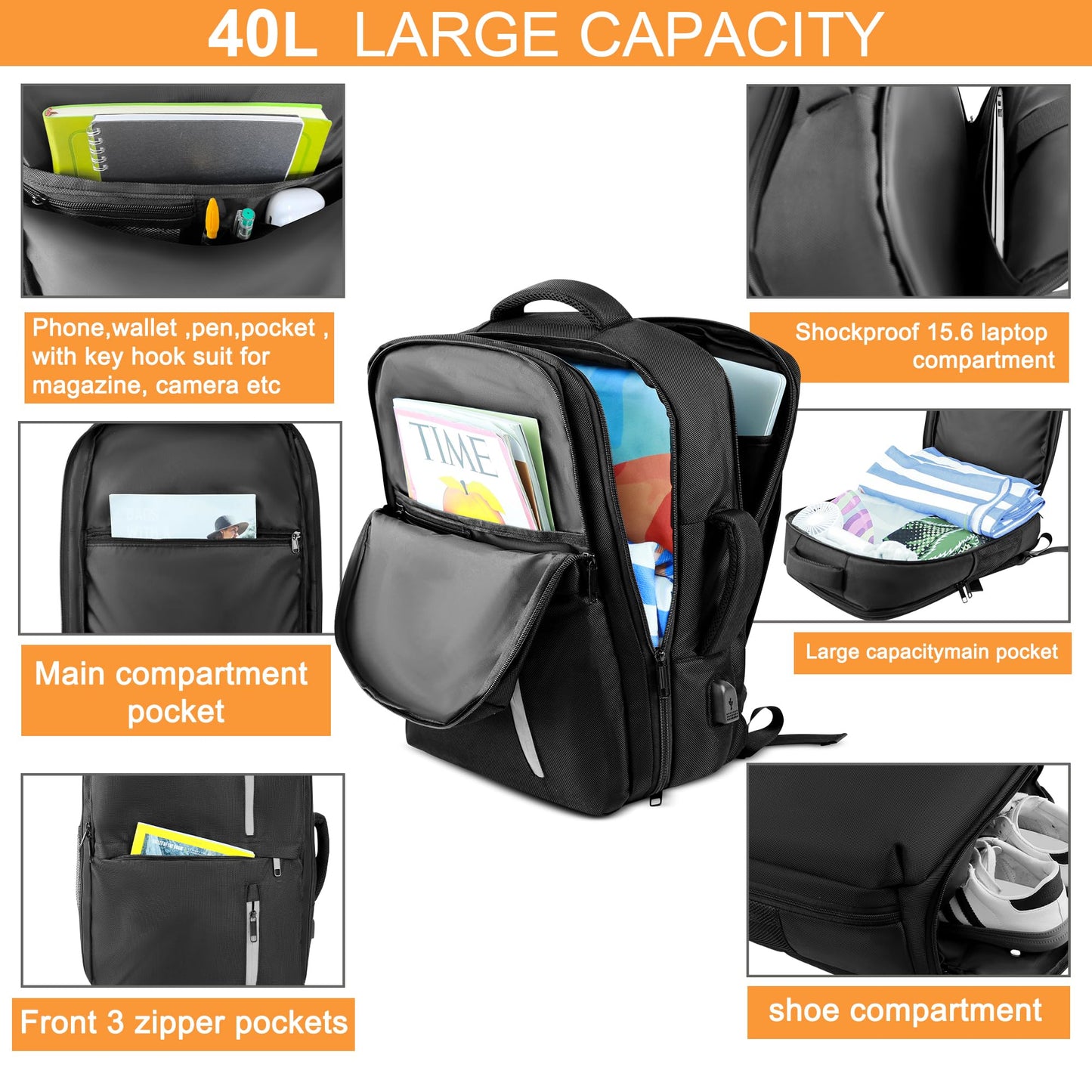 Travel Laptop Backpack with Shoe Compartment, 40L
