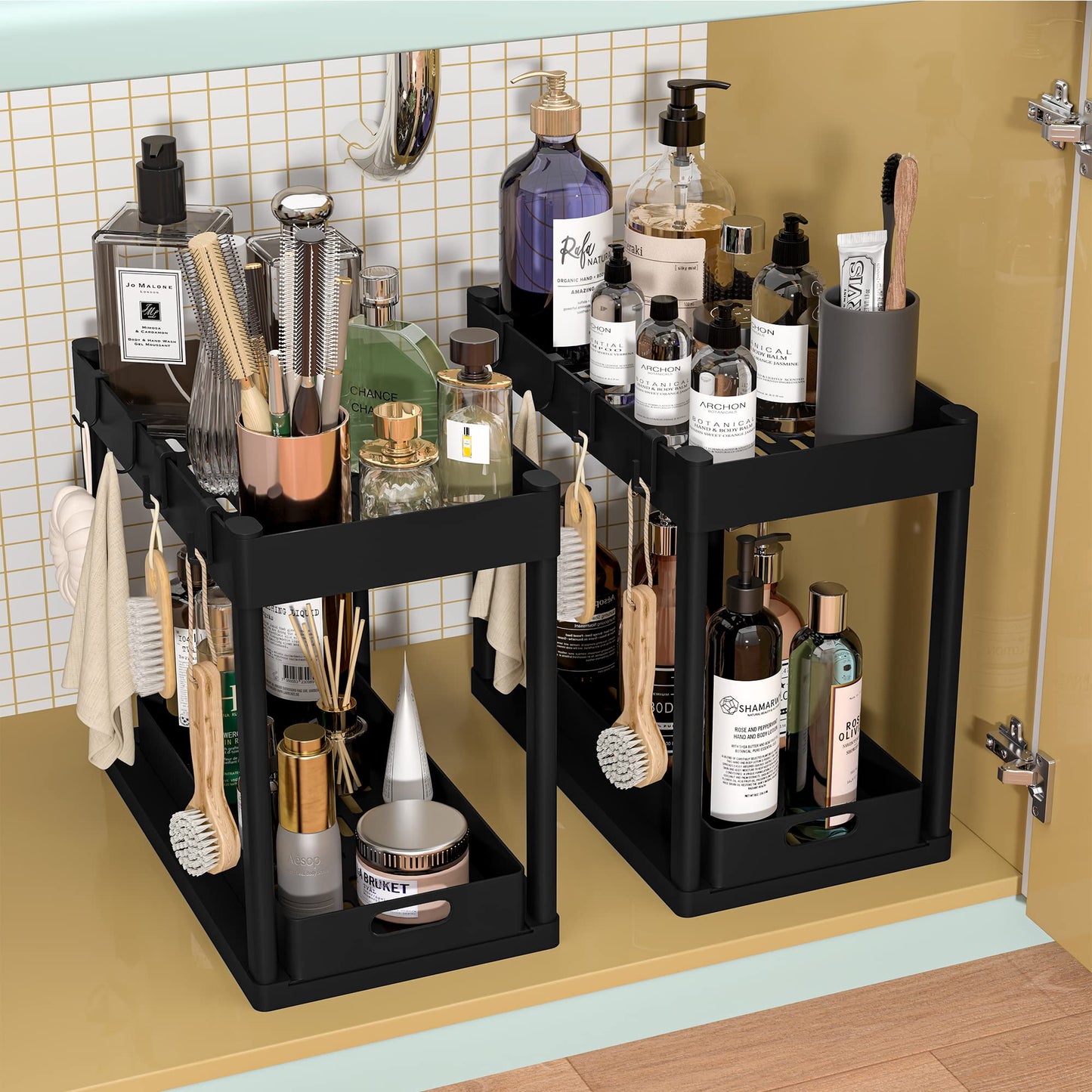 POUGNY 2PC Under Sink Organizer Rack 2 Tier Under Sliding Cabinet Basket Organizer Drawer with 4 Hooks, Multi-purpose Under Sink Storage for Bathroom Kitchen Desktop(Black)
