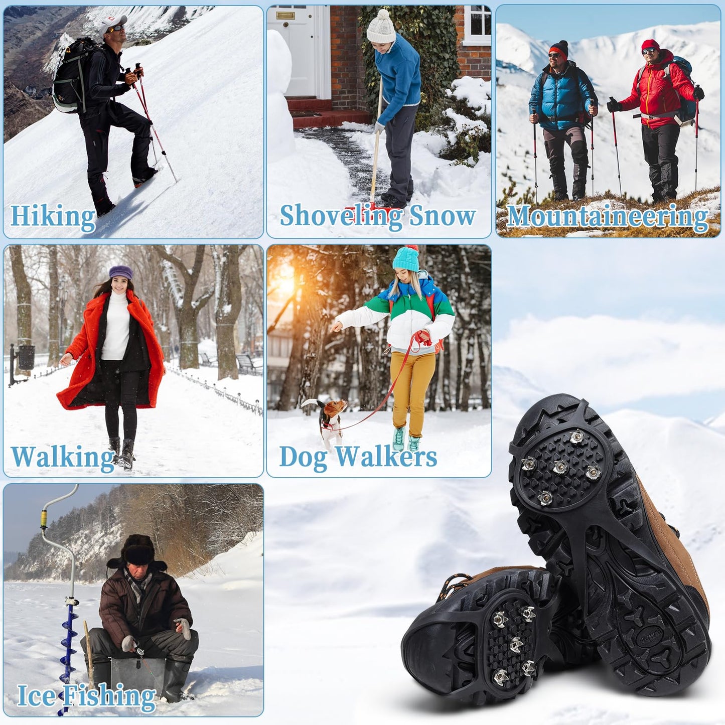 LACE INN Non Slip Gripper Spike, Ice Grippers Traction Cleats Snow Shoe Spikes Grips Crampons with 10 Steel Studs Cleats 2 Pair